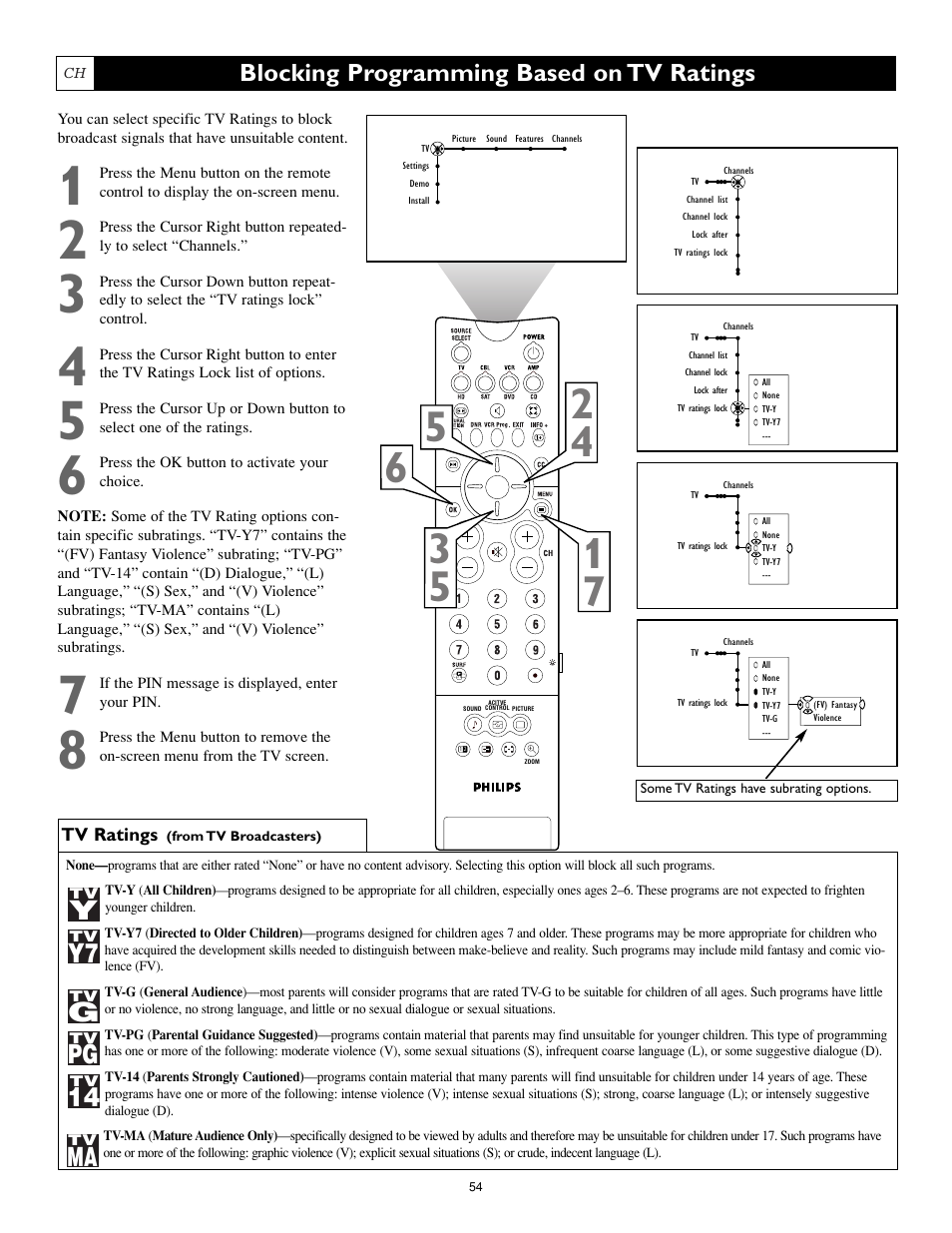 Blocking programming based on tv ratings | Philips Cineos 55PL9223 User Manual | Page 54 / 80