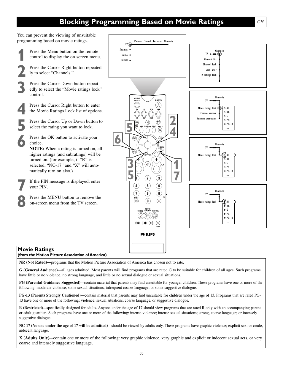 Blocking programming based on movie ratings | Philips Cineos 55PL9223 User Manual | Page 55 / 80