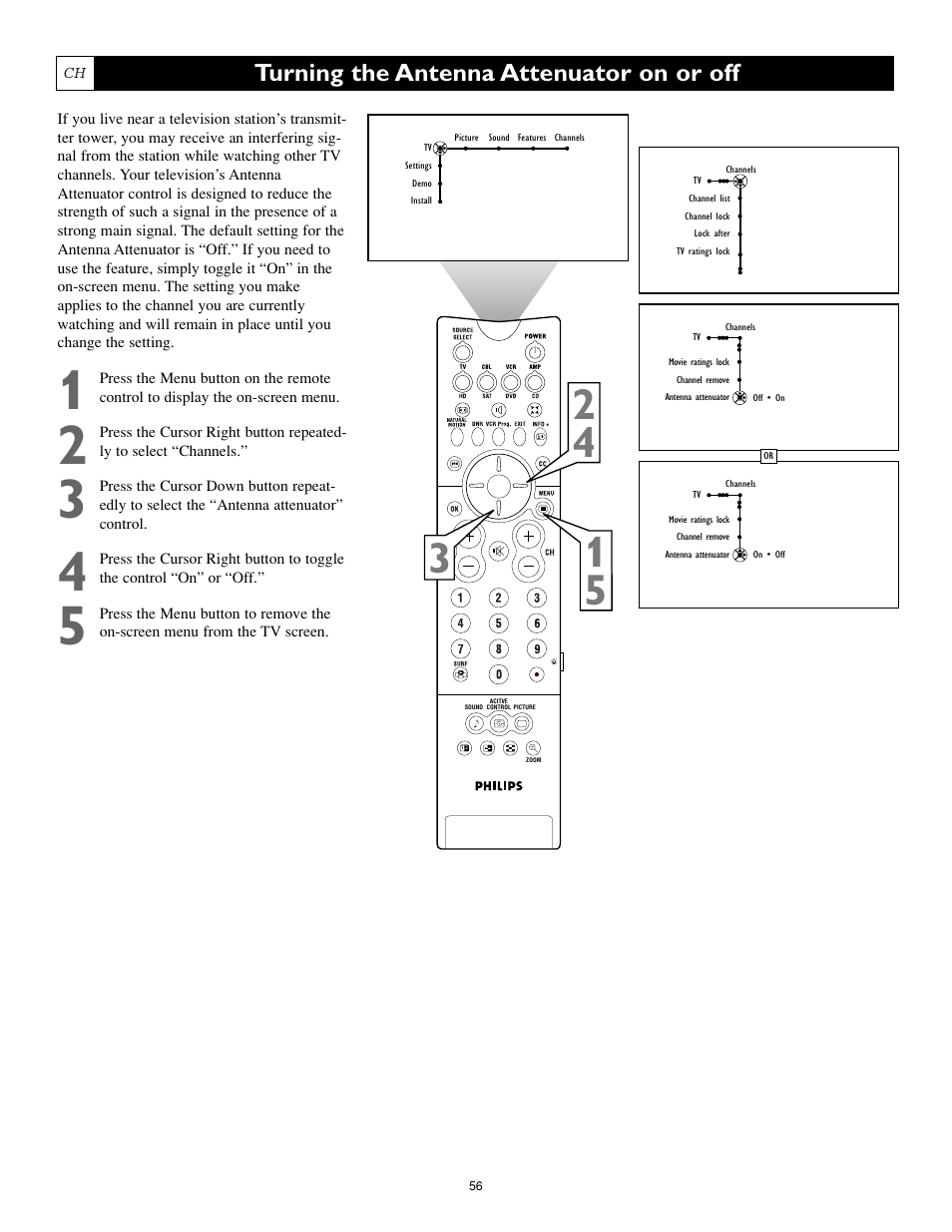 Turning the antenna attenuator on or off | Philips Cineos 55PL9223 User Manual | Page 56 / 80