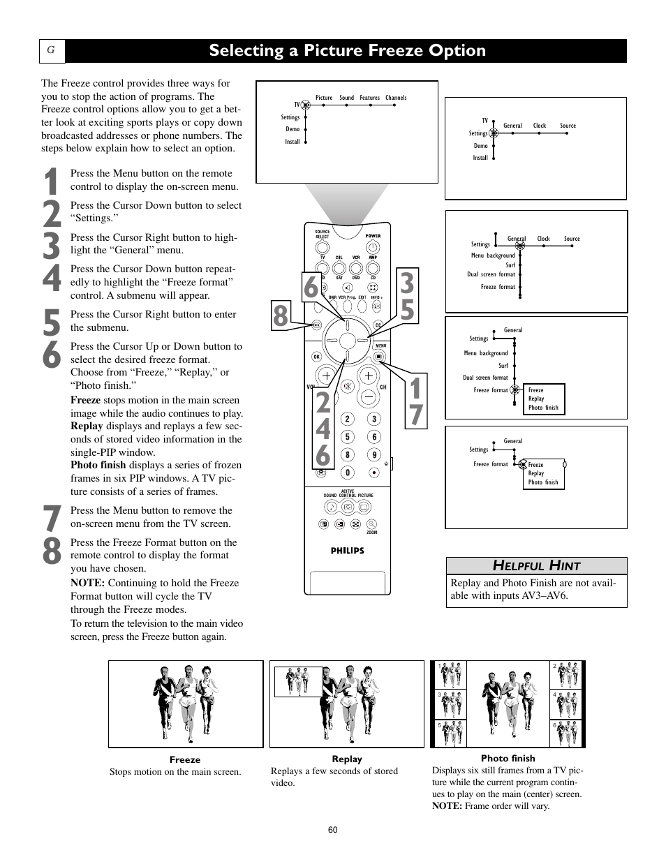 Selecting a picture freeze option | Philips Cineos 55PL9223 User Manual | Page 60 / 80