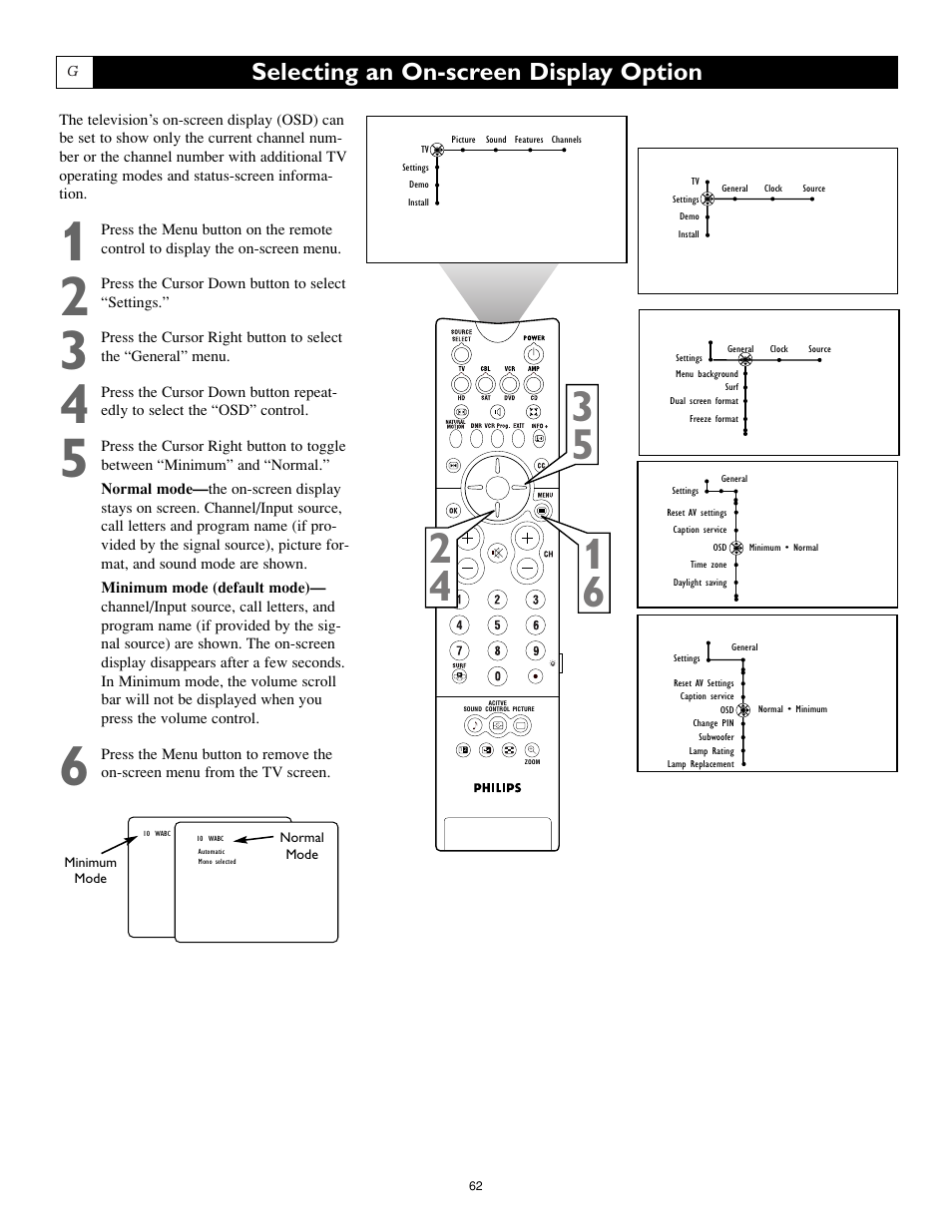 Selecting an on-screen display option | Philips Cineos 55PL9223 User Manual | Page 62 / 80