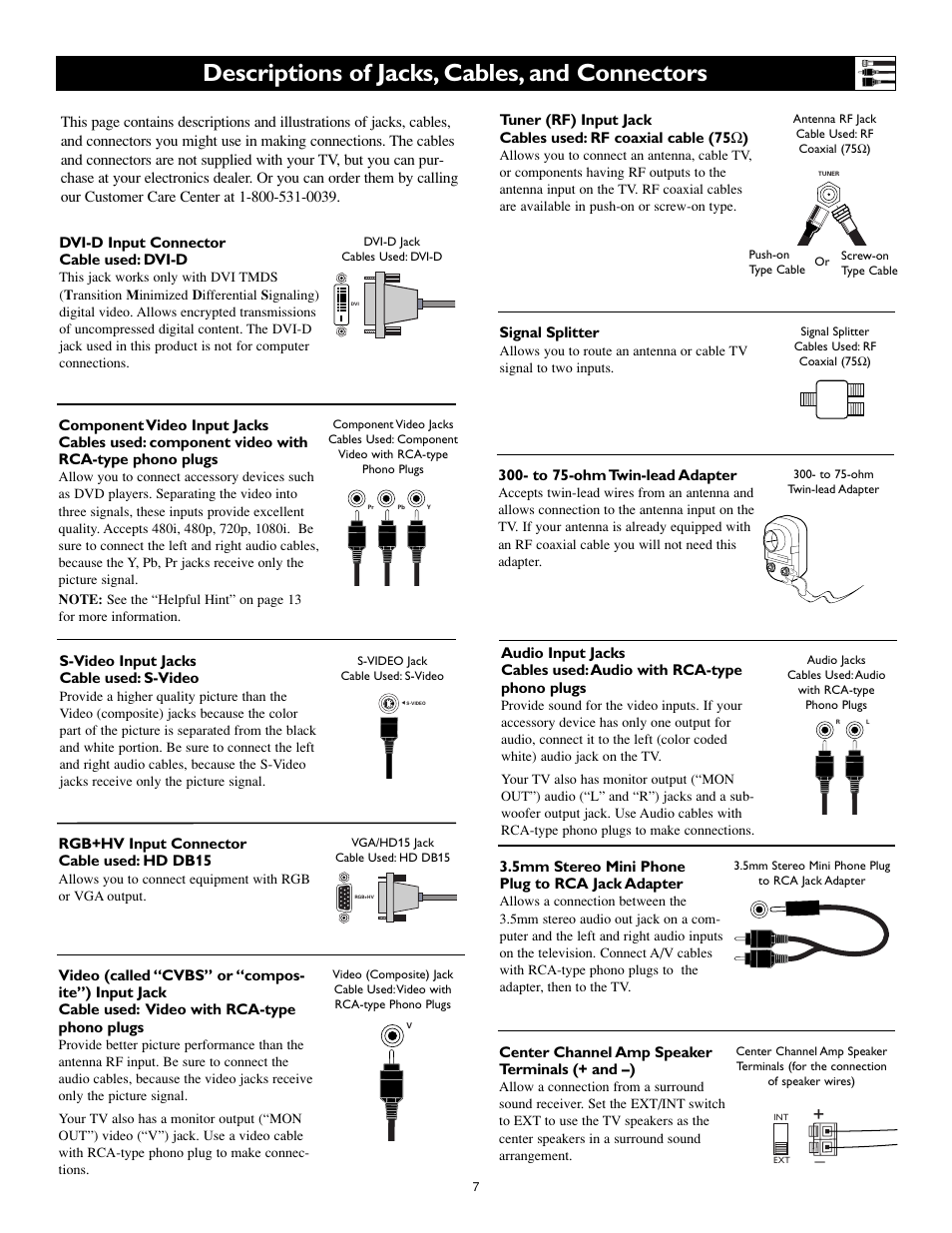 Descriptions of jacks, cables, and connectors | Philips Cineos 55PL9223 User Manual | Page 7 / 80