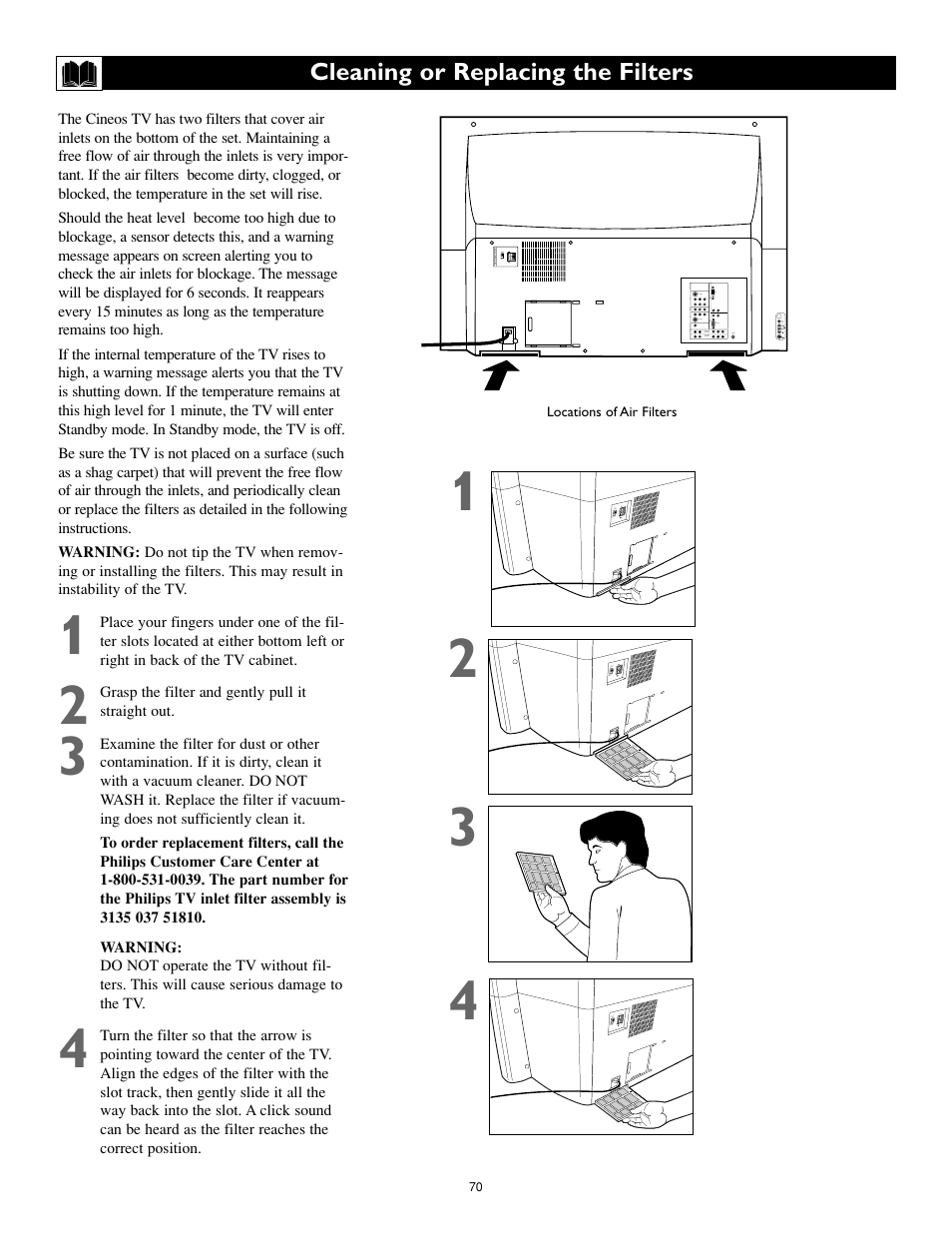 Cleaning or replacing the filters | Philips Cineos 55PL9223 User Manual | Page 70 / 80