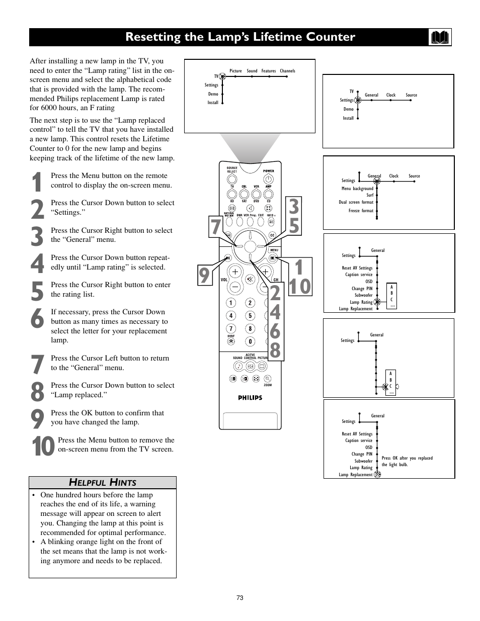 Resetting the lamp’s lifetime counter | Philips Cineos 55PL9223 User Manual | Page 73 / 80