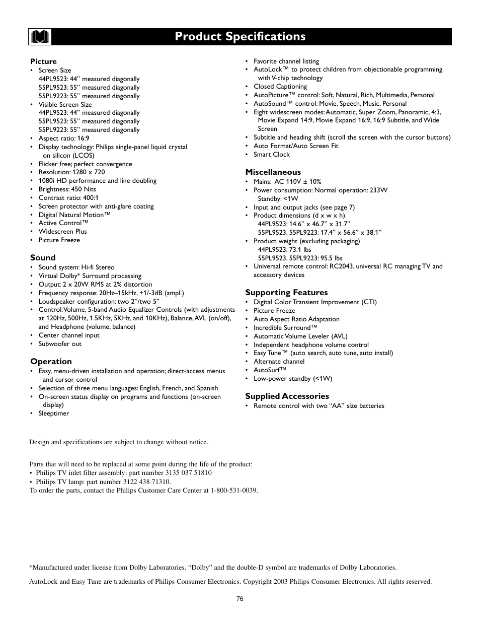 Product specifications | Philips Cineos 55PL9223 User Manual | Page 76 / 80