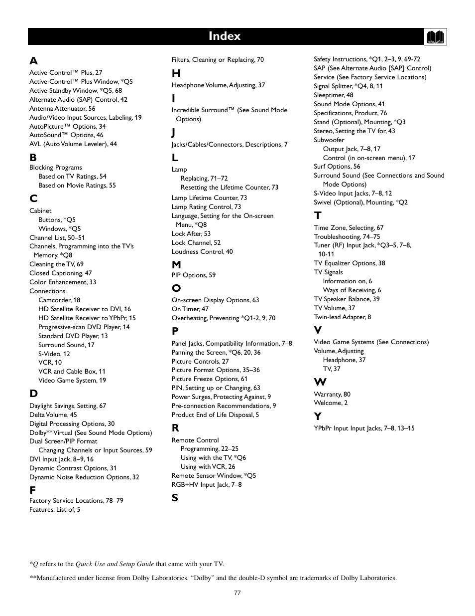 Index | Philips Cineos 55PL9223 User Manual | Page 77 / 80