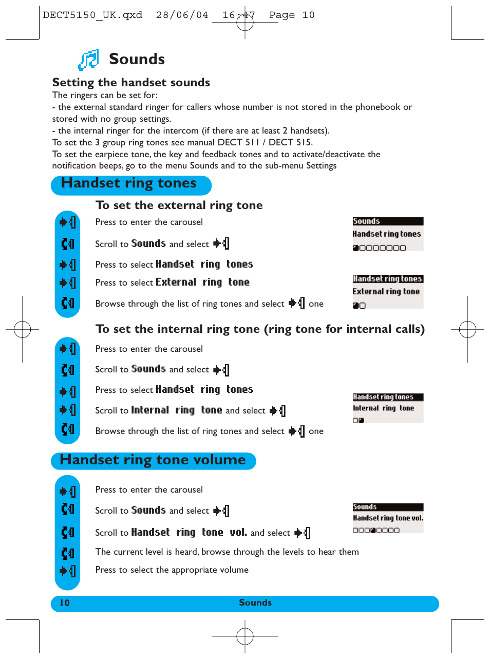 Sounds, Handset ring tones, Handset ring tone volume | Setting the handset sounds | Philips 5150 User Manual | Page 11 / 14