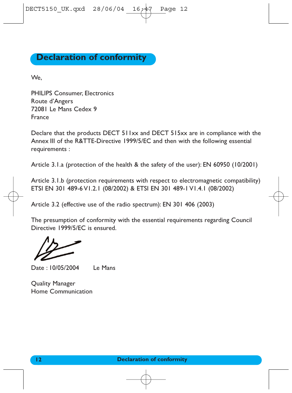 Declaration of conformity | Philips 5150 User Manual | Page 13 / 14