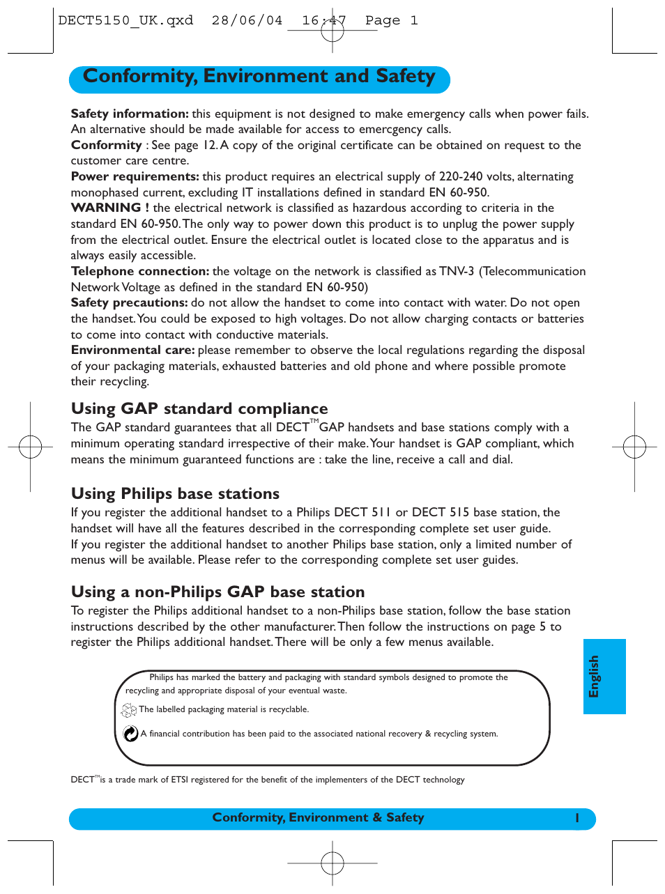 Conformity, environment and safety, Using gap standard compliance, Using a non-philips gap base station | Using philips base stations | Philips 5150 User Manual | Page 2 / 14