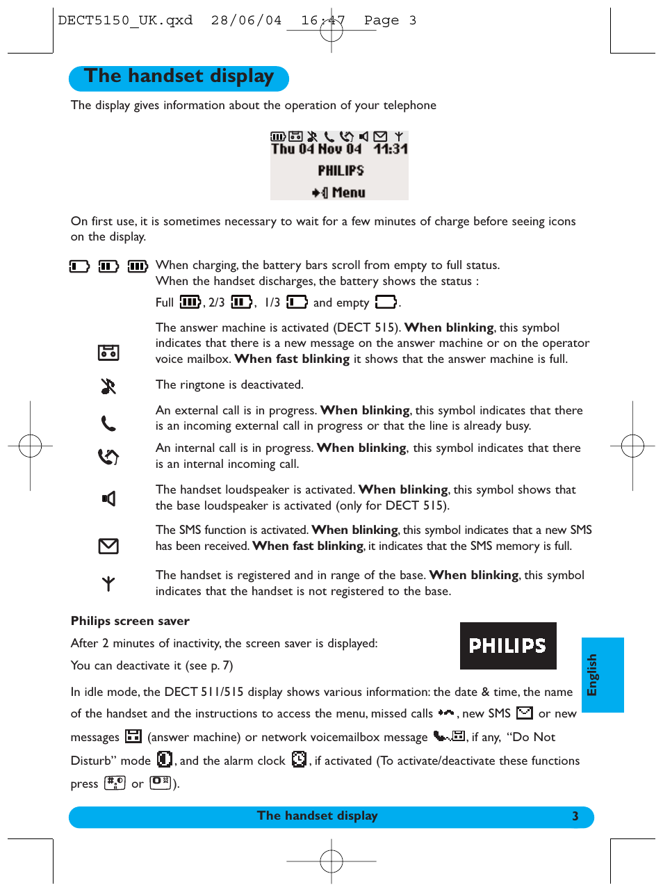 The handset display | Philips 5150 User Manual | Page 4 / 14