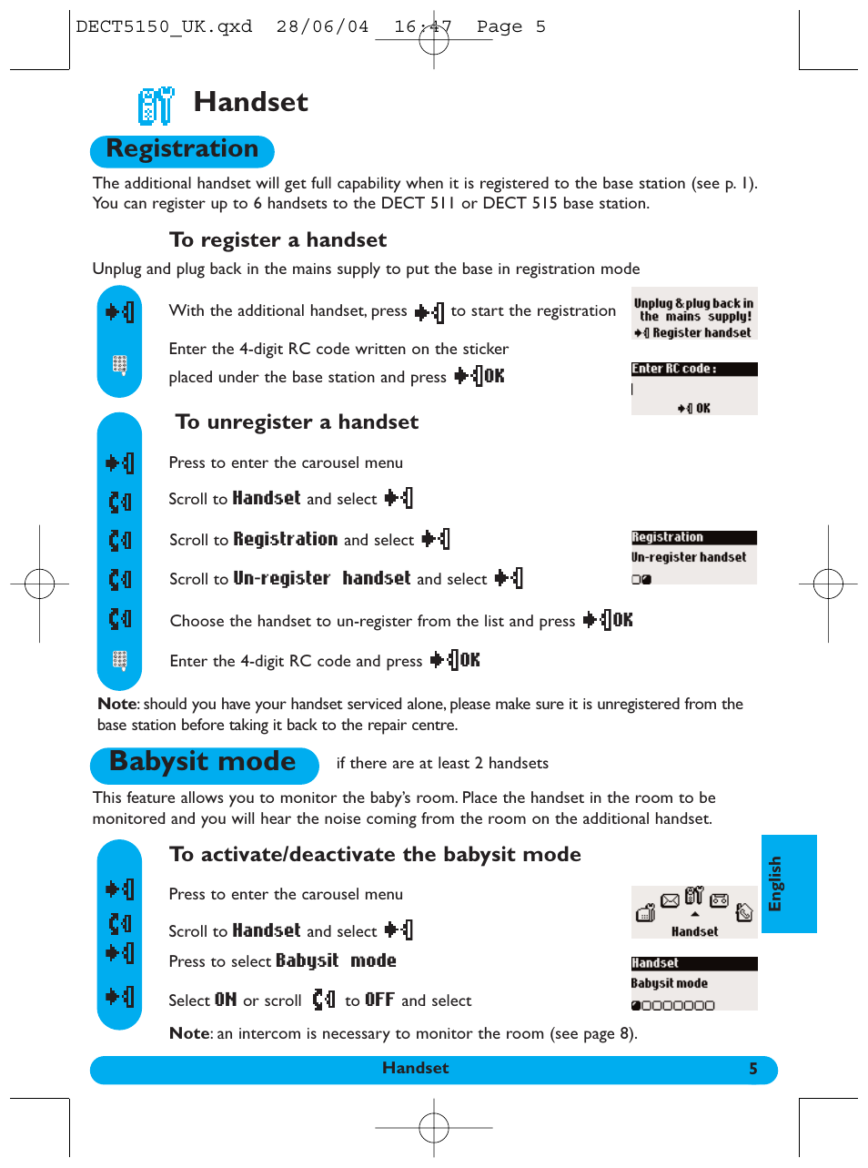 Handset, Babysit mode, Registration | Philips 5150 User Manual | Page 6 / 14