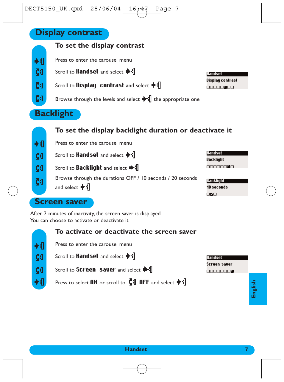 Display contrast, Backlight, Screen saver | Philips 5150 User Manual | Page 8 / 14