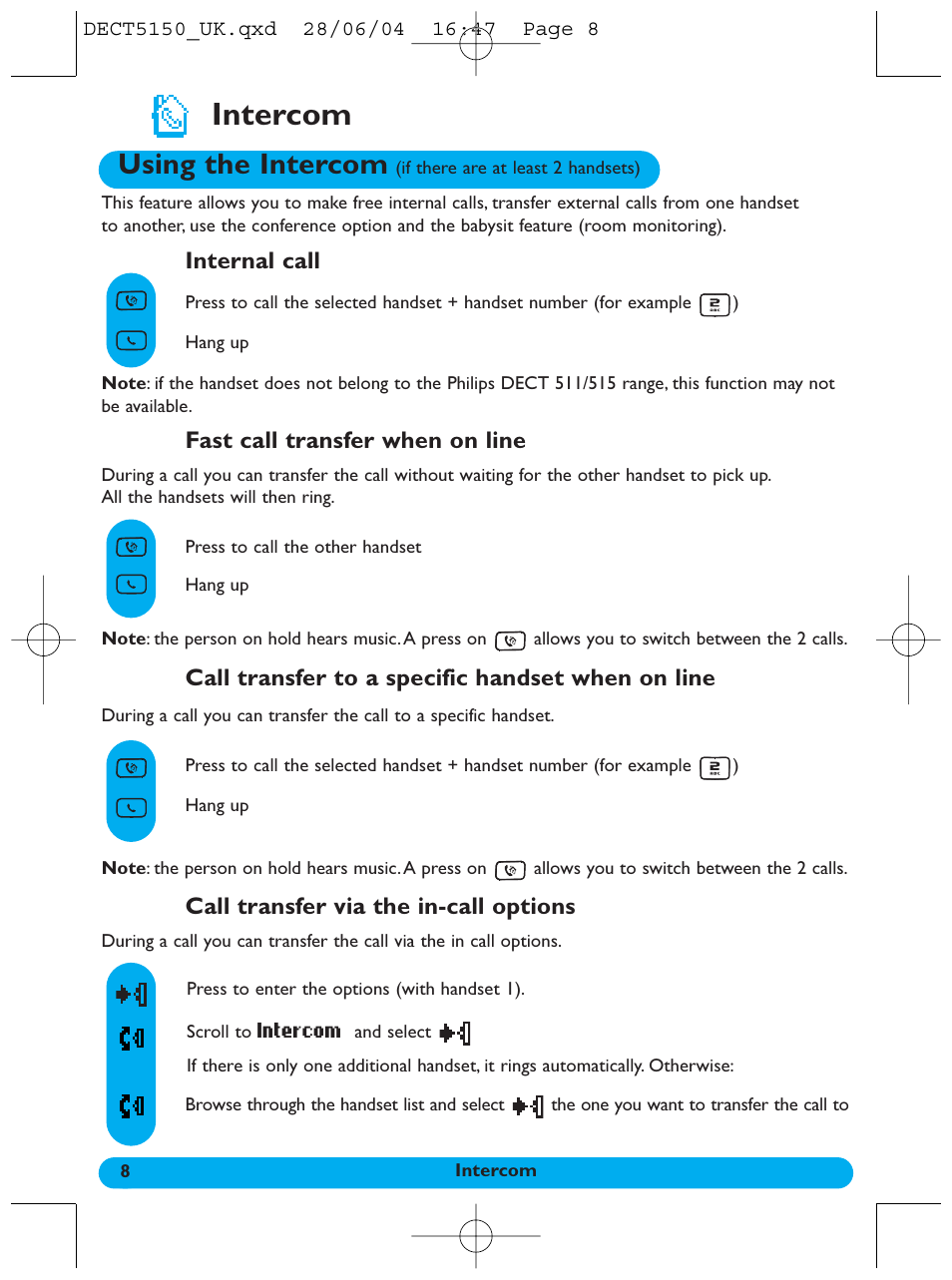 Intercom, Using the intercom, Call transfer via the in-call options | Philips 5150 User Manual | Page 9 / 14