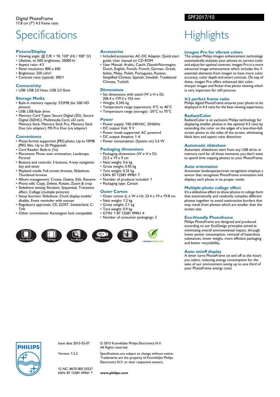 Specifications, Highlights | Philips SPF2017/10 User Manual | Page 2 / 2