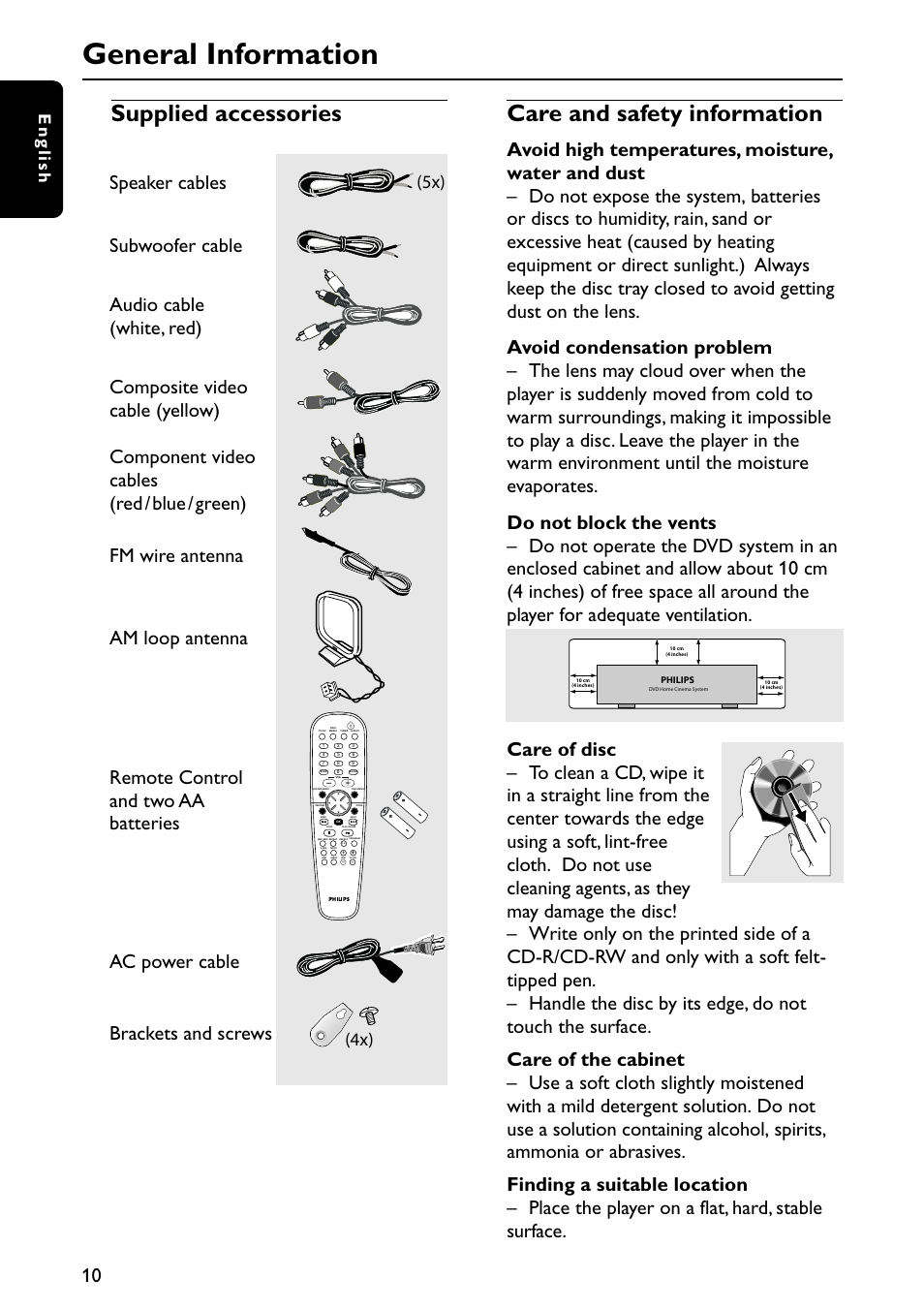 General information, Supplied accessories care and safety information, 5x) (4x) | English | Philips MX3910D/37 User Manual | Page 12 / 46