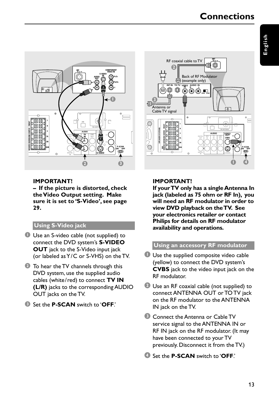 Connections, Set the p-scan switch to ‘ off, English | Philips MX3910D/37 User Manual | Page 15 / 46