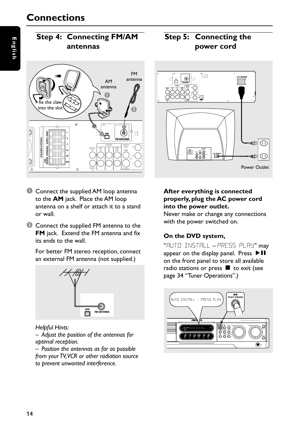 Connections, English, Fm antenna am antenna fix the claw into the slot | Power outlet | Philips MX3910D/37 User Manual | Page 16 / 46