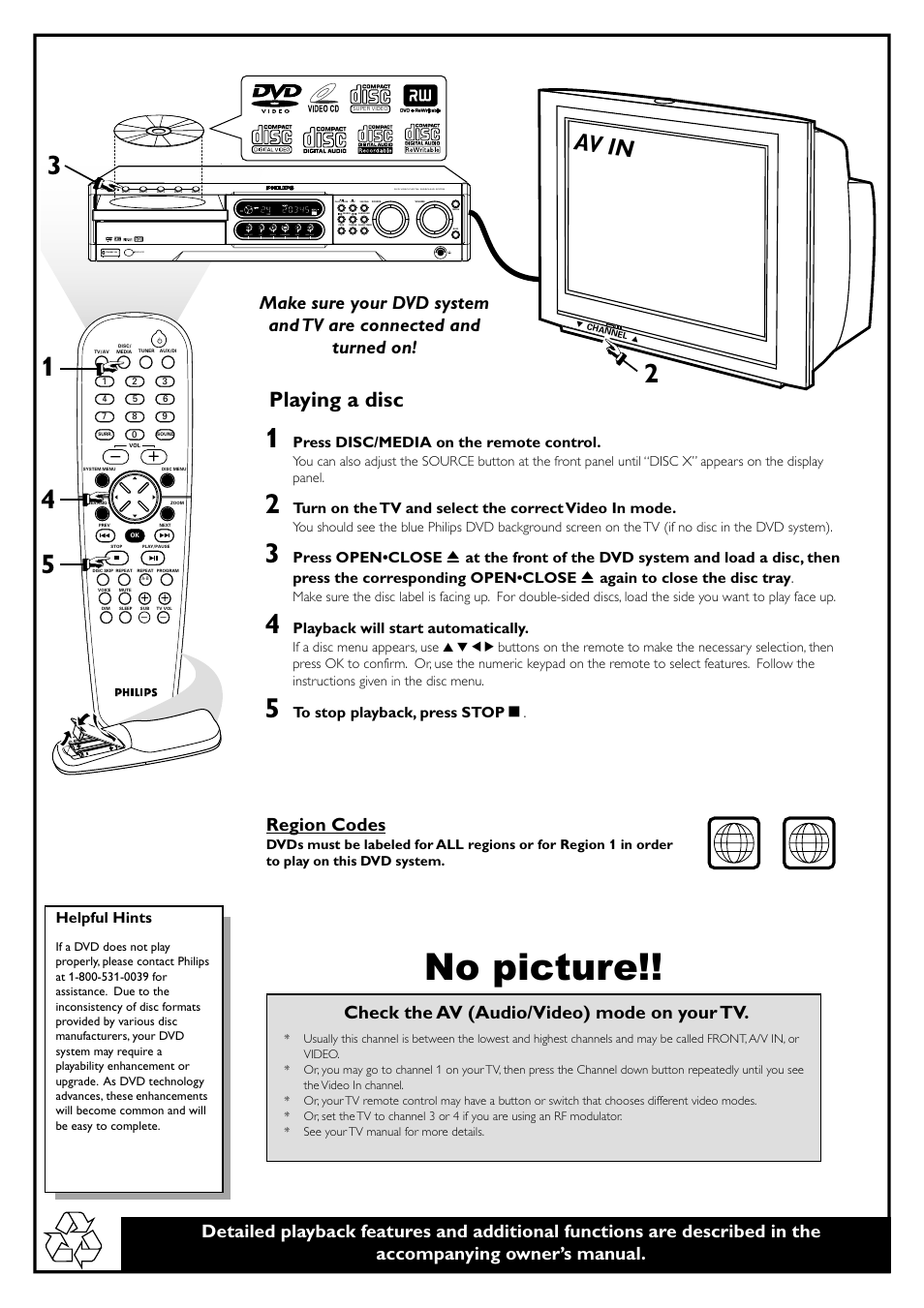 No picture, Av in, Playing a disc | Region codes, Check the av (audio/video) mode on your tv, Press disc/media on the remote control, Playback will start automatically, Helpful hints | Philips MX3910D/37 User Manual | Page 2 / 46