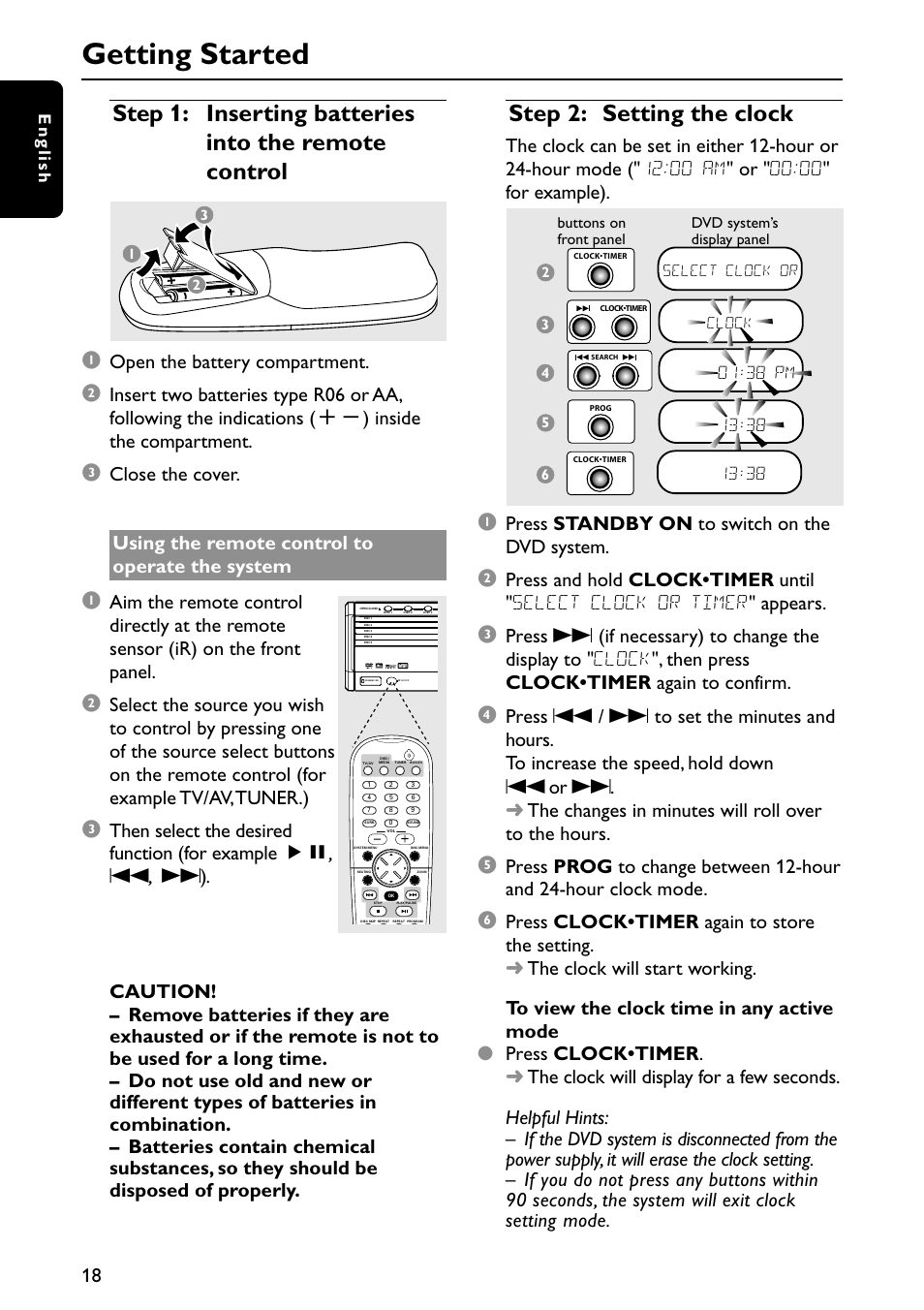 Getting started, Step 2: setting the clock, Open the battery compartment | Press standby on to switch on the dvd system, English, 38 pm | Philips MX3910D/37 User Manual | Page 20 / 46