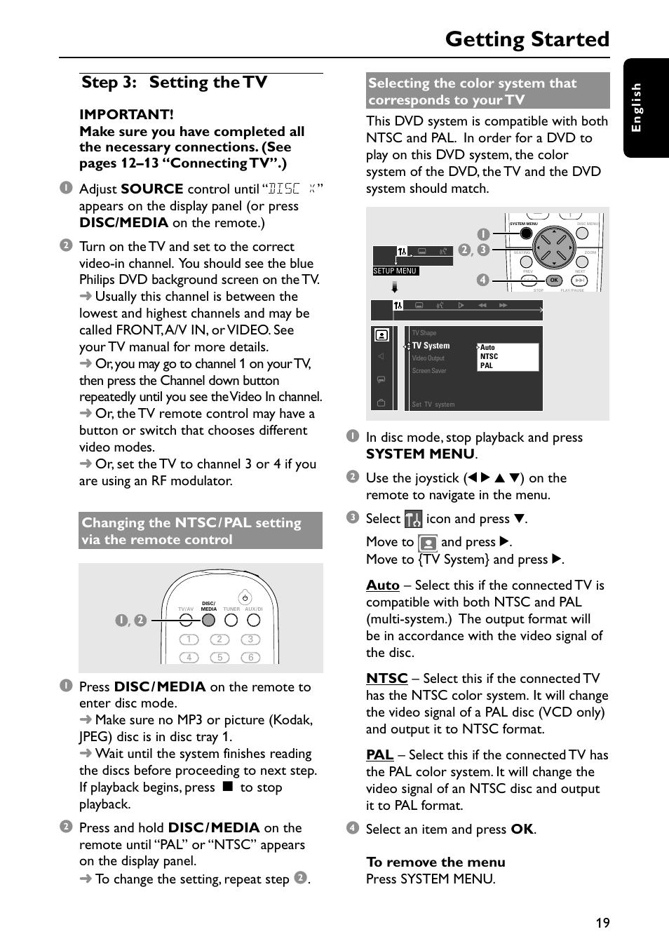 Getting started, Step 3: setting the tv | Philips MX3910D/37 User Manual | Page 21 / 46