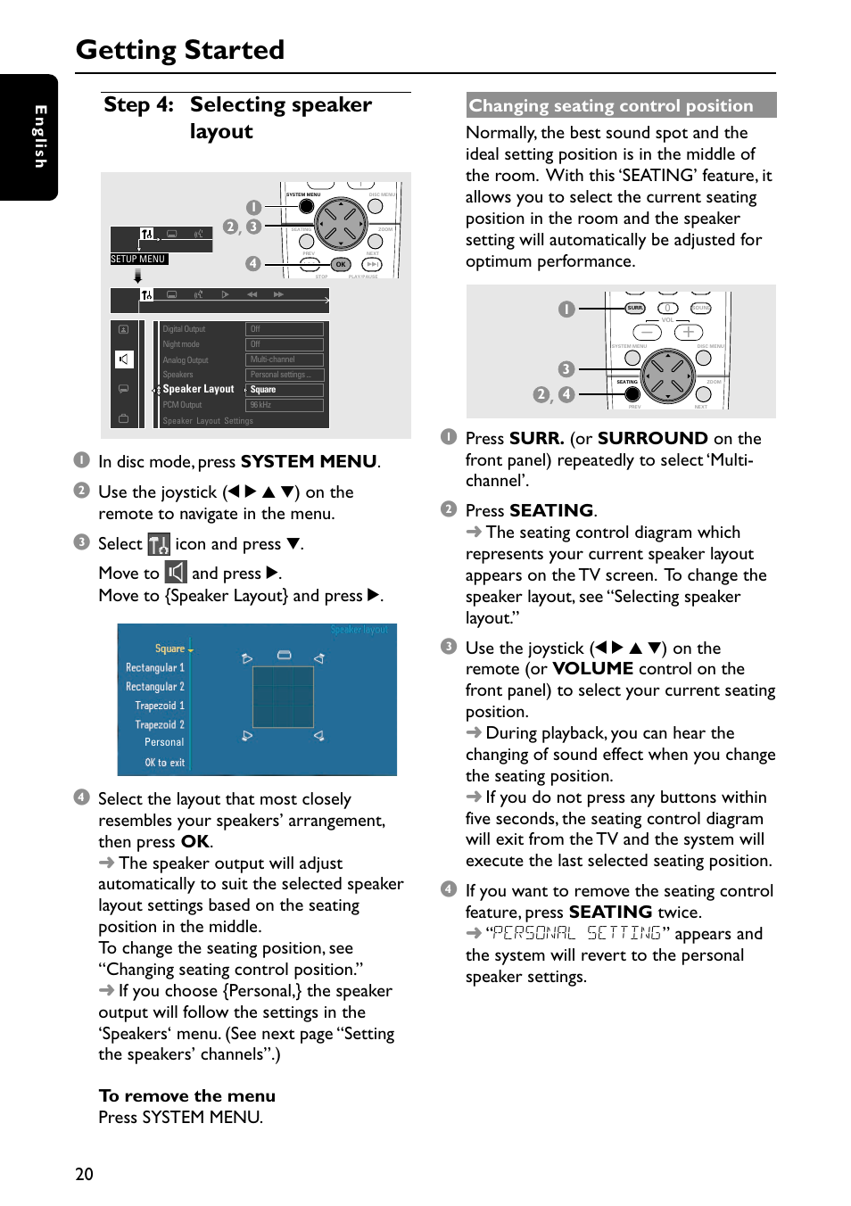 Getting started, Step 4: selecting speaker layout | Philips MX3910D/37 User Manual | Page 22 / 46