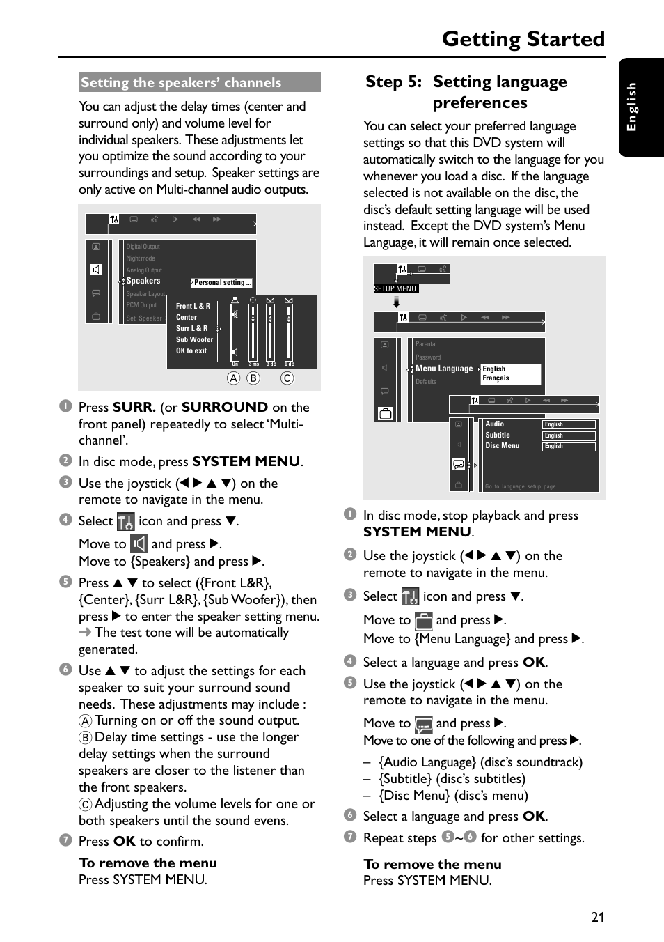 Getting started, Step 5: setting language preferences | Philips MX3910D/37 User Manual | Page 23 / 46
