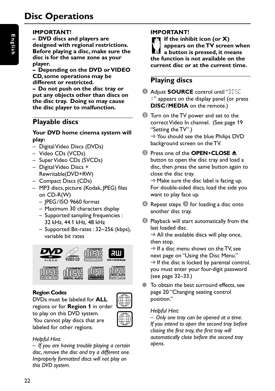 Disc operations, Playable discs, Playing discs | Philips MX3910D/37 User Manual | Page 24 / 46