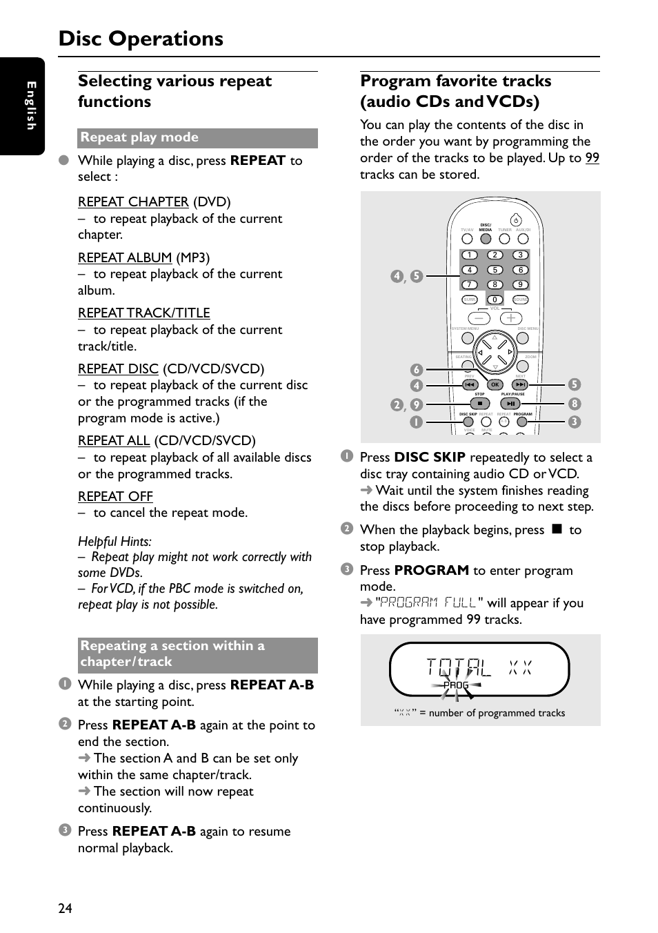 Total xx, Disc operations, Selecting various repeat functions | Program favorite tracks (audio cds and vcds), Press repeat a-b again to resume normal playback, When the playback begins, press ç to stop playback | Philips MX3910D/37 User Manual | Page 26 / 46