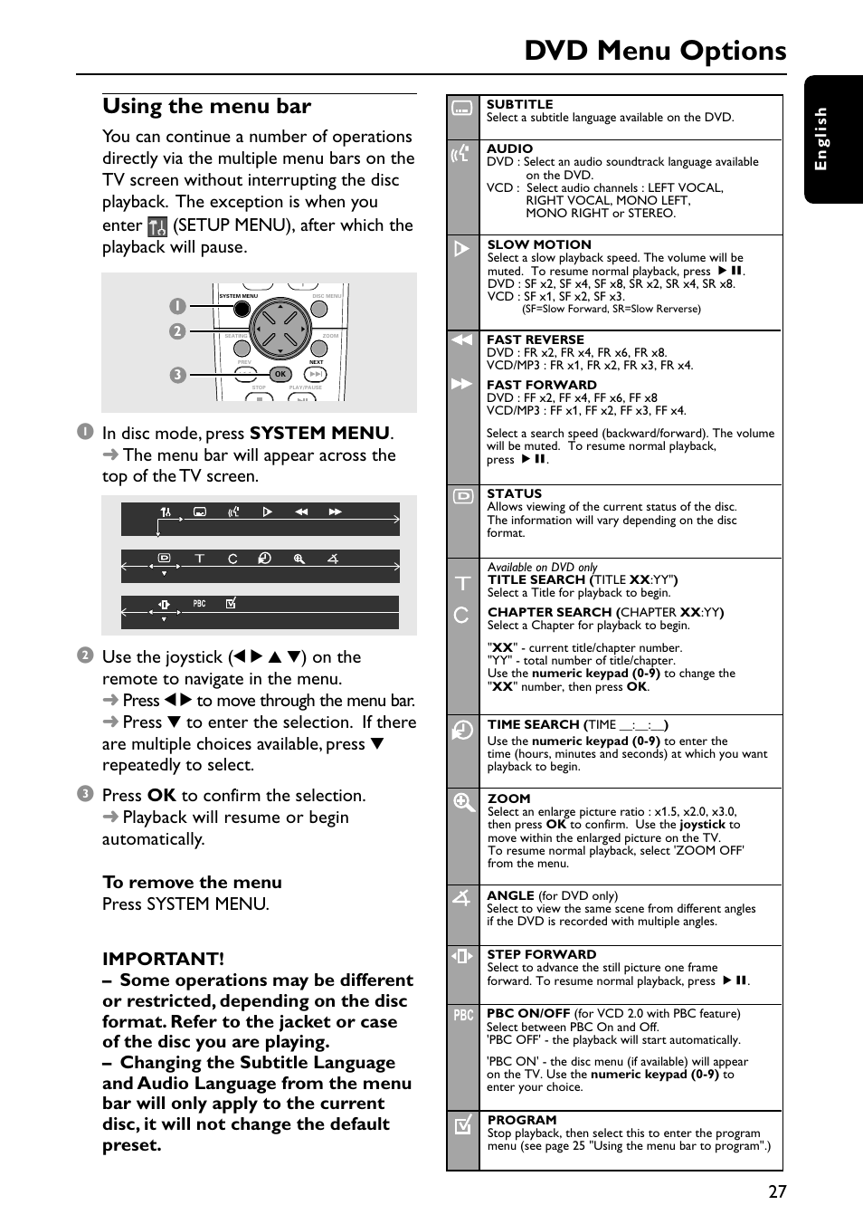 Dvd menu options, Using the menu bar | Philips MX3910D/37 User Manual | Page 29 / 46