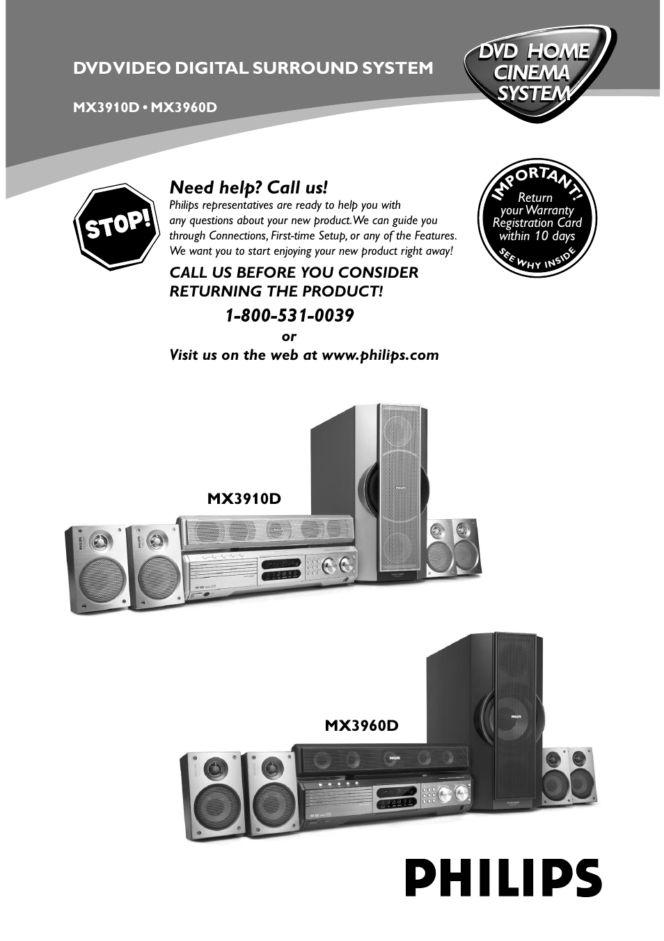 Dvd home cinema system dvd home cinema system, Need help? call us | Philips MX3910D/37 User Manual | Page 3 / 46