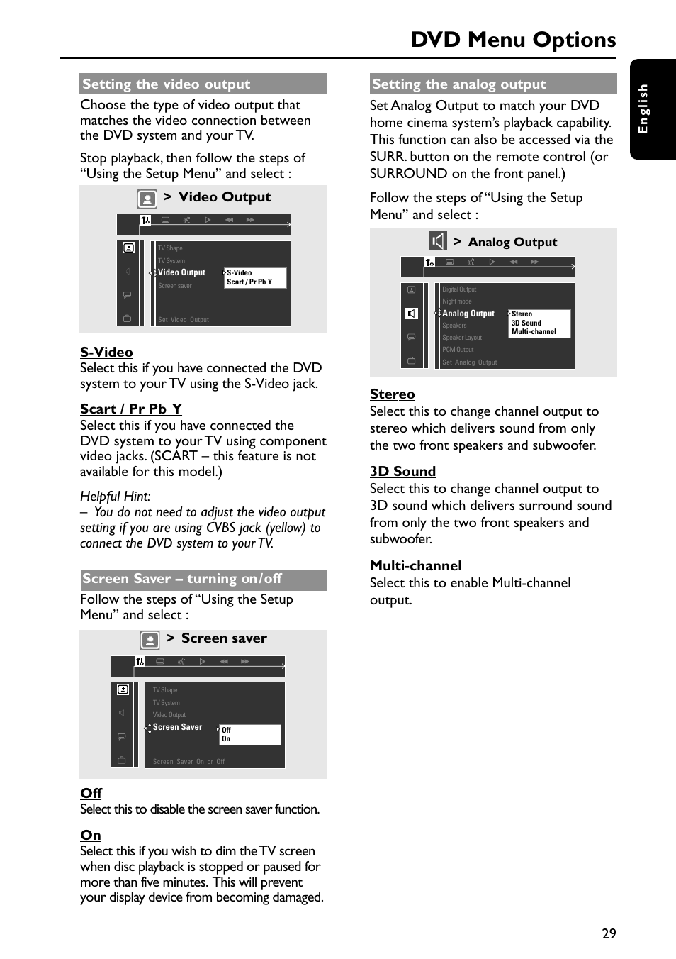 Dvd menu options, Video output, Screen saver | Philips MX3910D/37 User Manual | Page 31 / 46