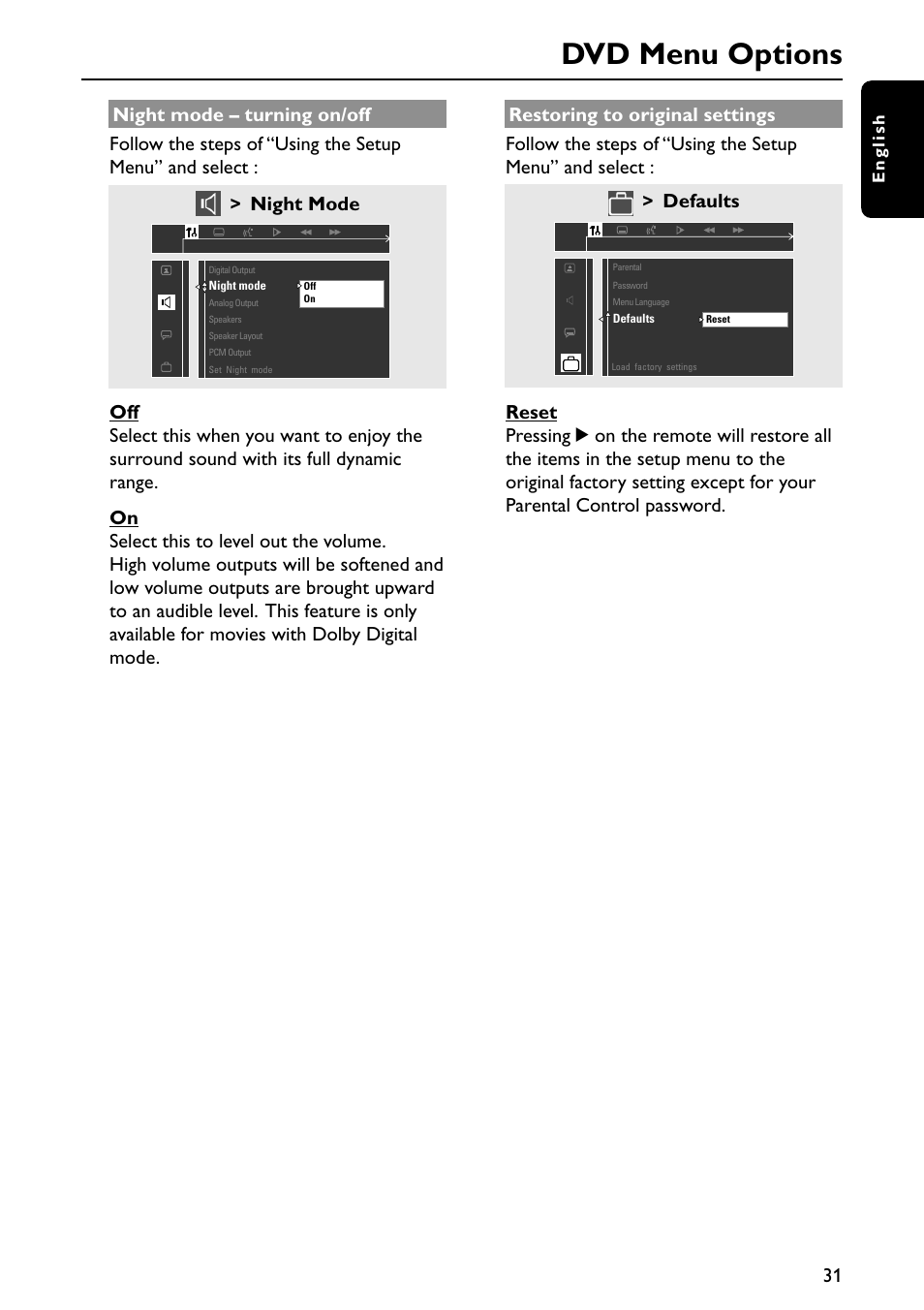 Dvd menu options, Night mode, Defaults | Philips MX3910D/37 User Manual | Page 33 / 46