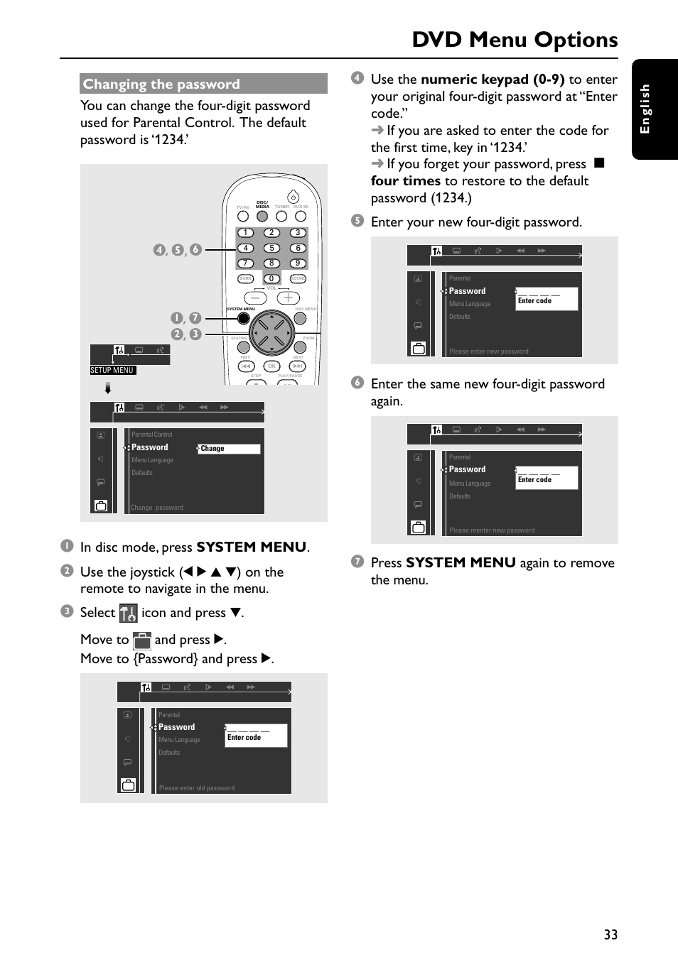 Dvd menu options, Enter your new four-digit password, Enter the same new four-digit password again | Press system menu again to remove the menu, English | Philips MX3910D/37 User Manual | Page 35 / 46