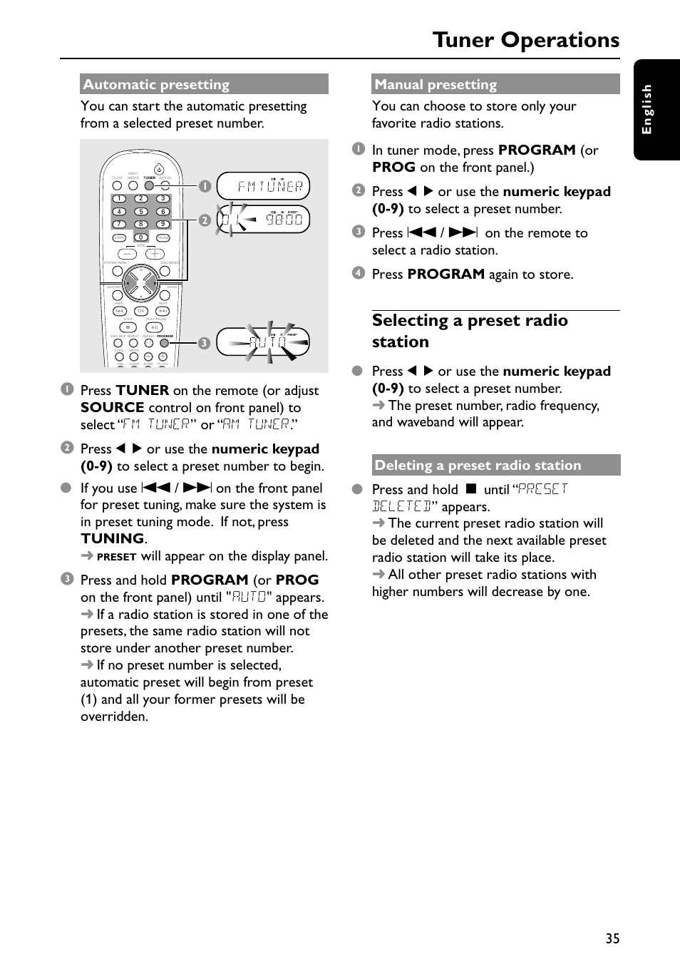 Tuner operations, Selecting a preset radio station, Will appear on the display panel | Press program again to store | Philips MX3910D/37 User Manual | Page 37 / 46