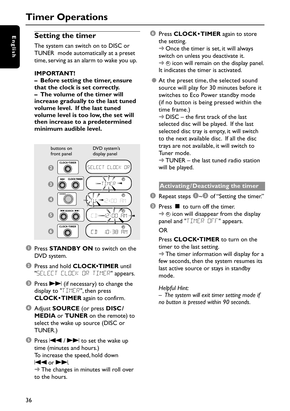 Timer operations, Setting the timer | Philips MX3910D/37 User Manual | Page 38 / 46
