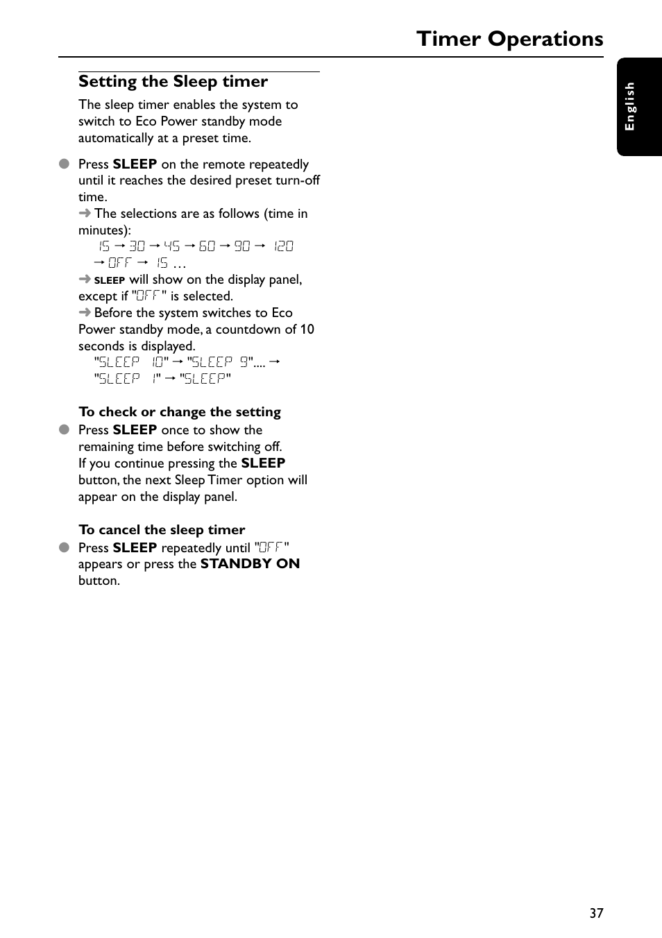 Timer operations, Setting the sleep timer | Philips MX3910D/37 User Manual | Page 39 / 46