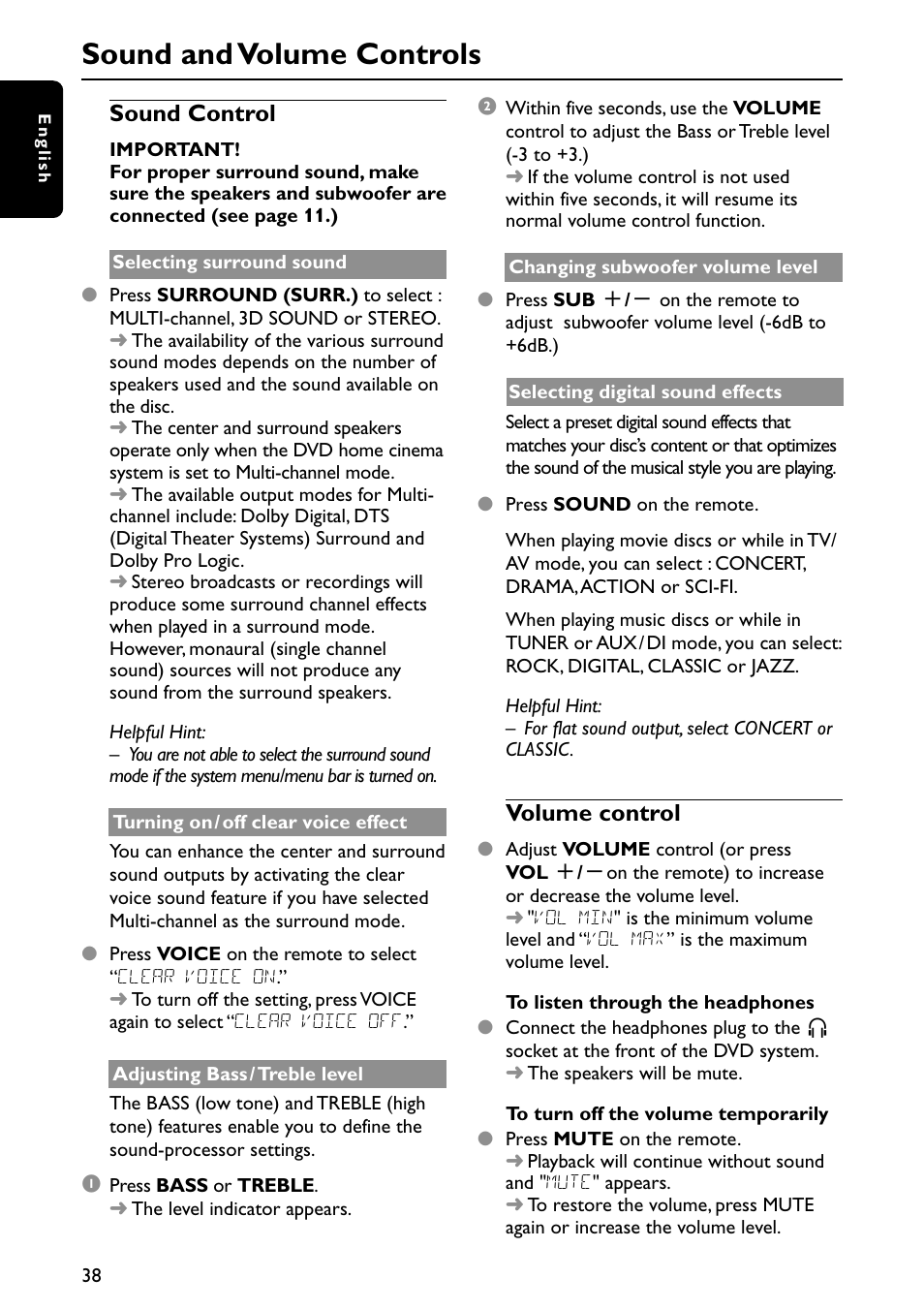 Sound and volume controls, Sound control, Volume control | Philips MX3910D/37 User Manual | Page 40 / 46