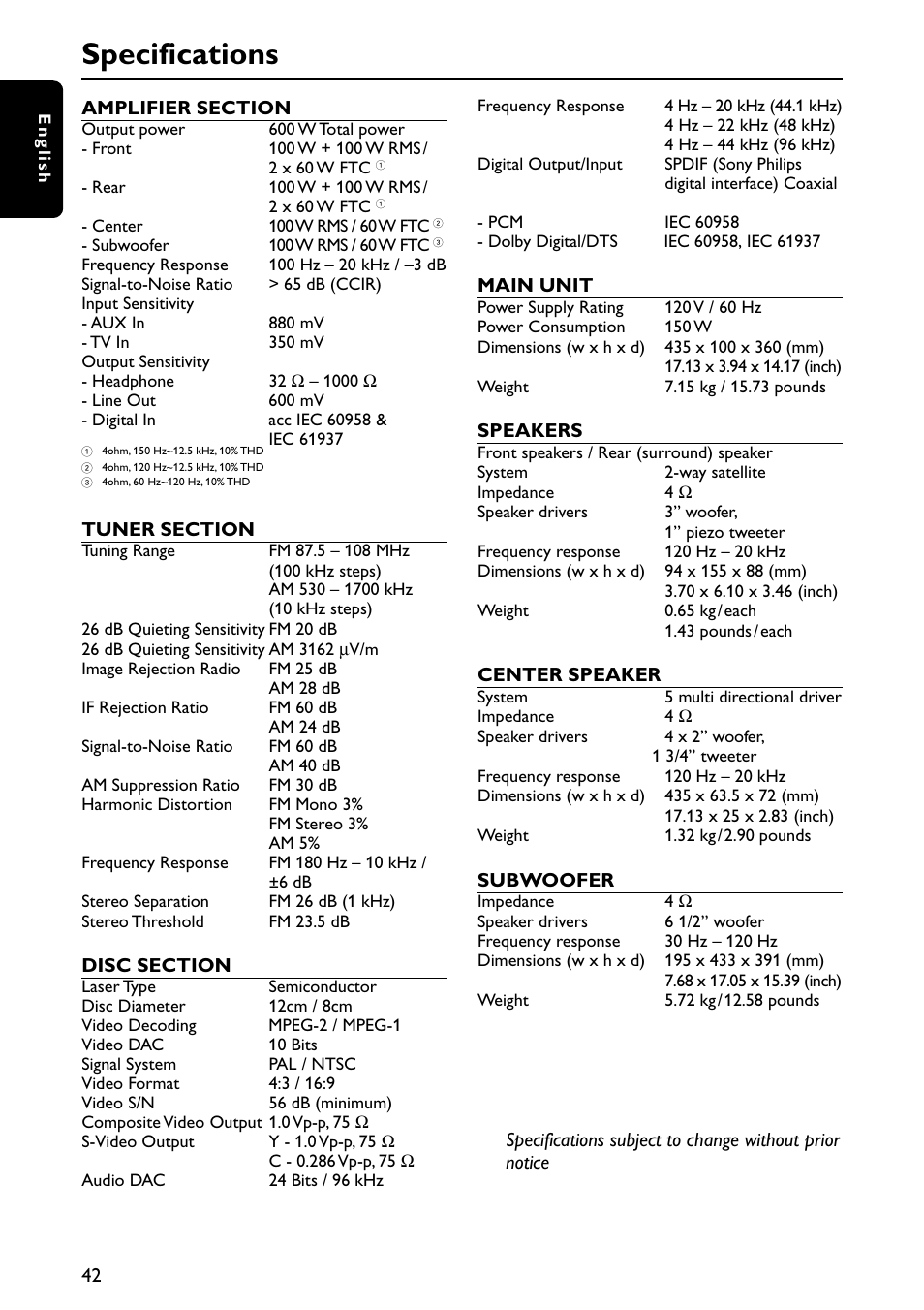 Specifications | Philips MX3910D/37 User Manual | Page 44 / 46