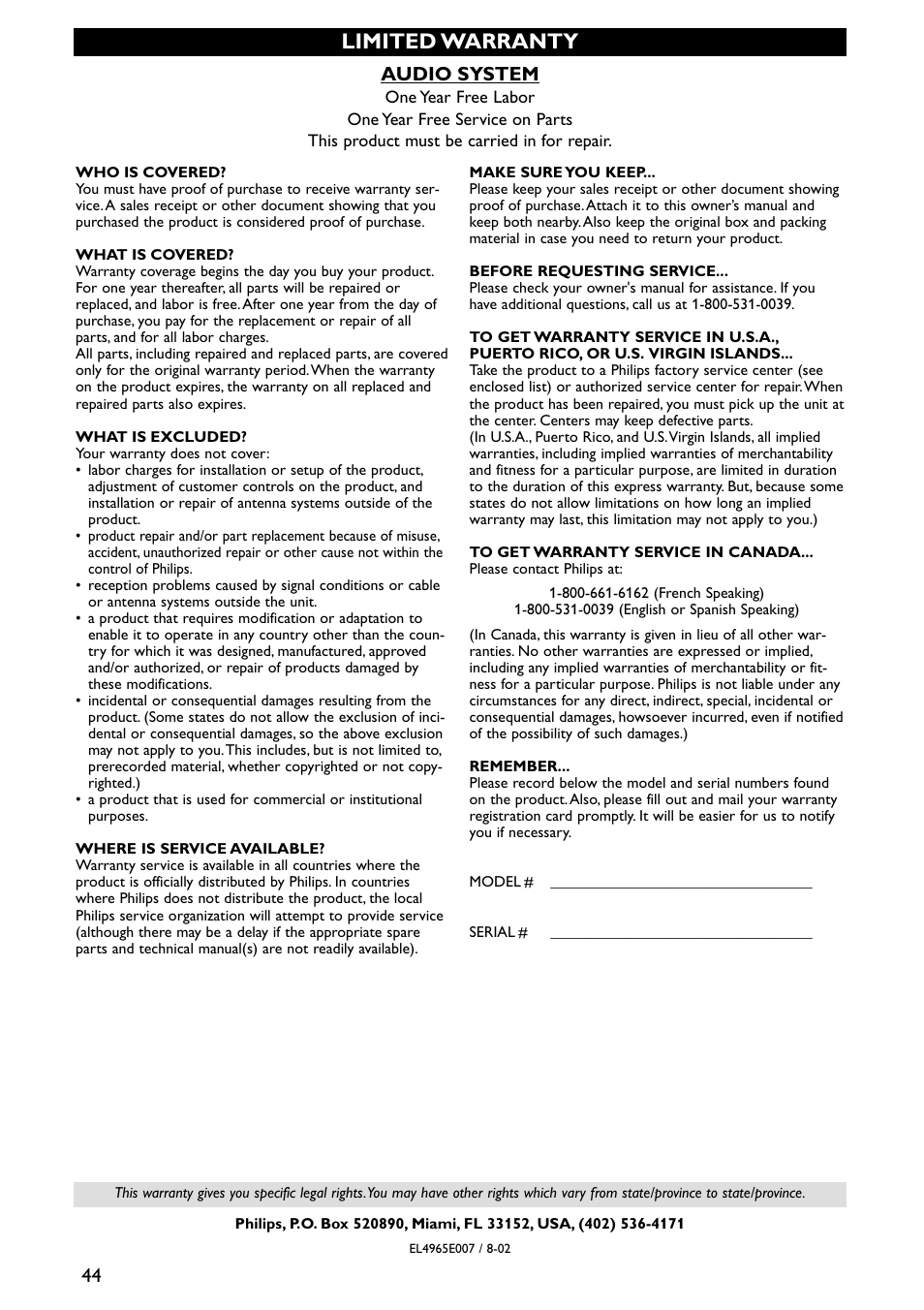 Limited warranty, 44 audio system | Philips MX3910D/37 User Manual | Page 46 / 46