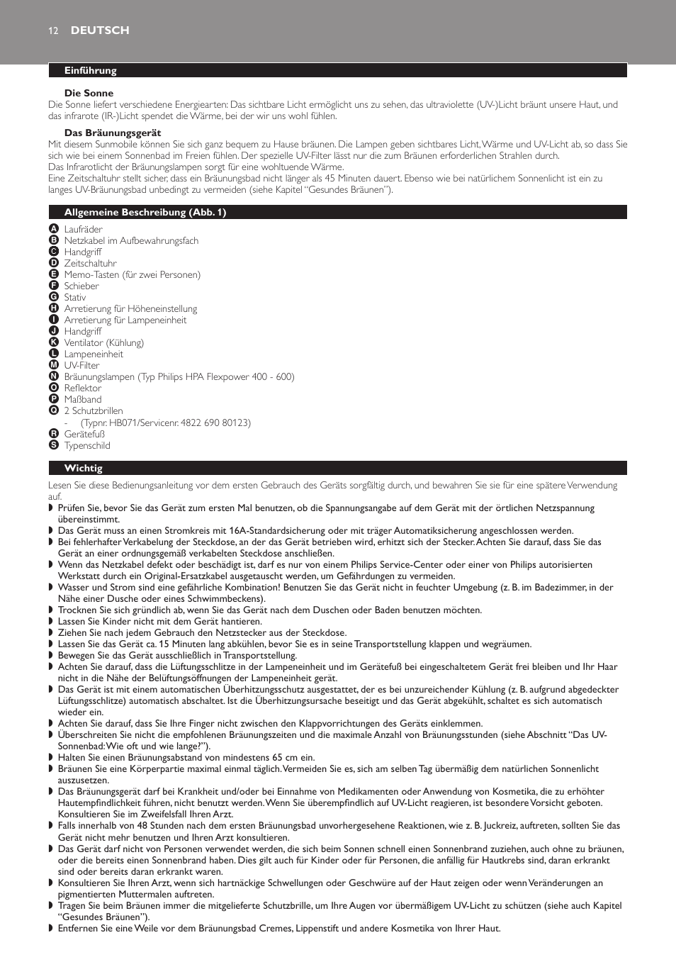 Die sonne, Das bräunungsgerät, Deutsch | Einführung, Allgemeine beschreibung﻿ (abb. 1), Wichtig | Philips Suncare HB823 User Manual | Page 12 / 52