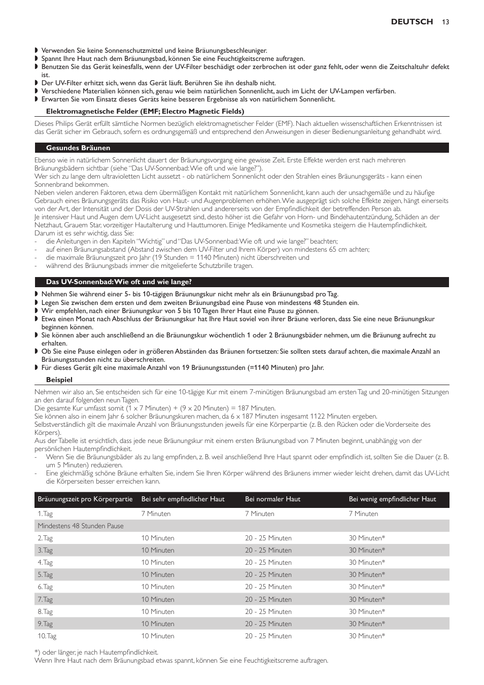 Gesundes bräunen, Das uv-sonnenbad: wie oft und wie lange, Beispiel | Philips Suncare HB823 User Manual | Page 13 / 52