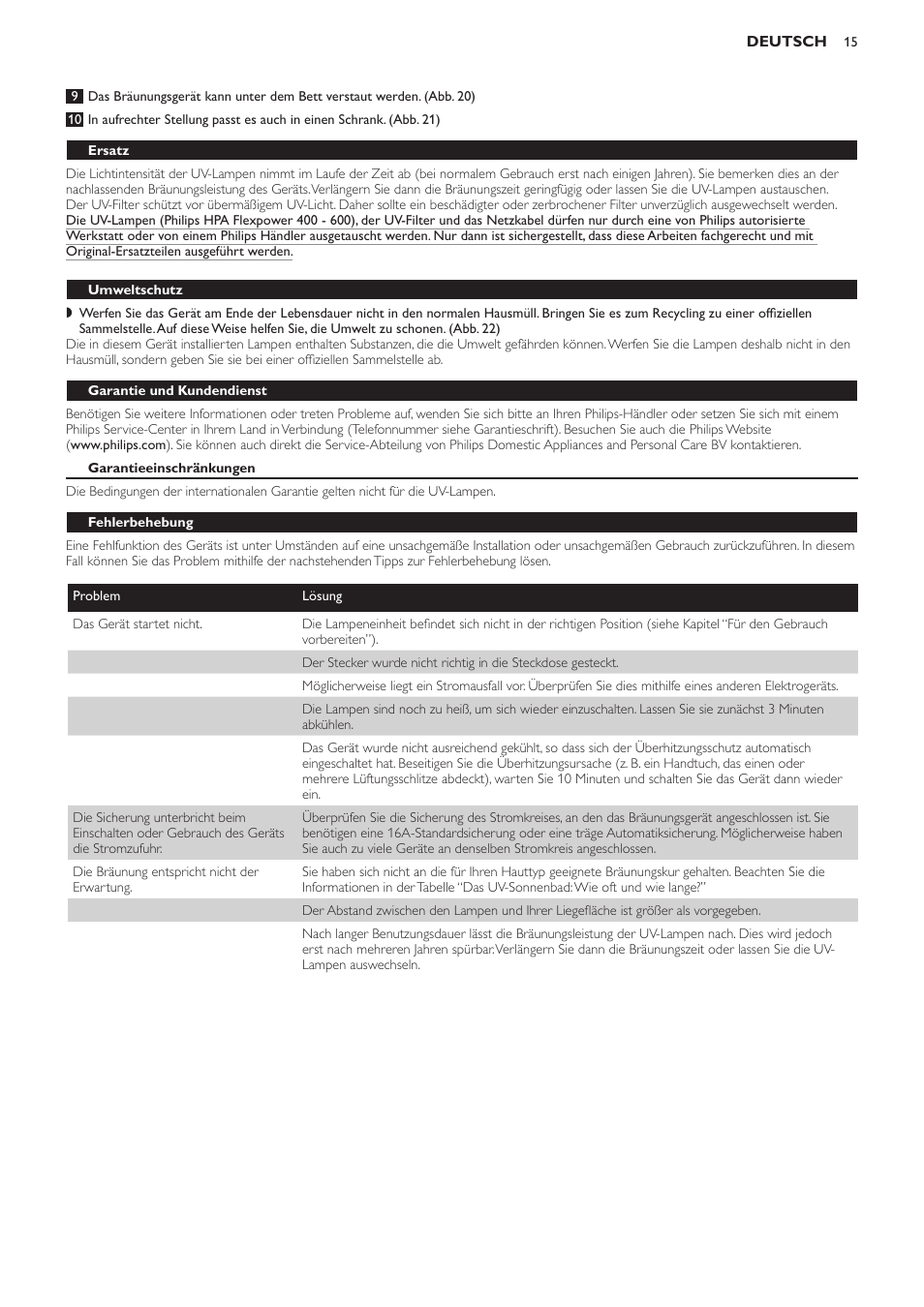 Ersatz, Umweltschutz, Garantie und kundendienst | Garantieeinschränkungen, Fehlerbehebung | Philips Suncare HB823 User Manual | Page 15 / 52