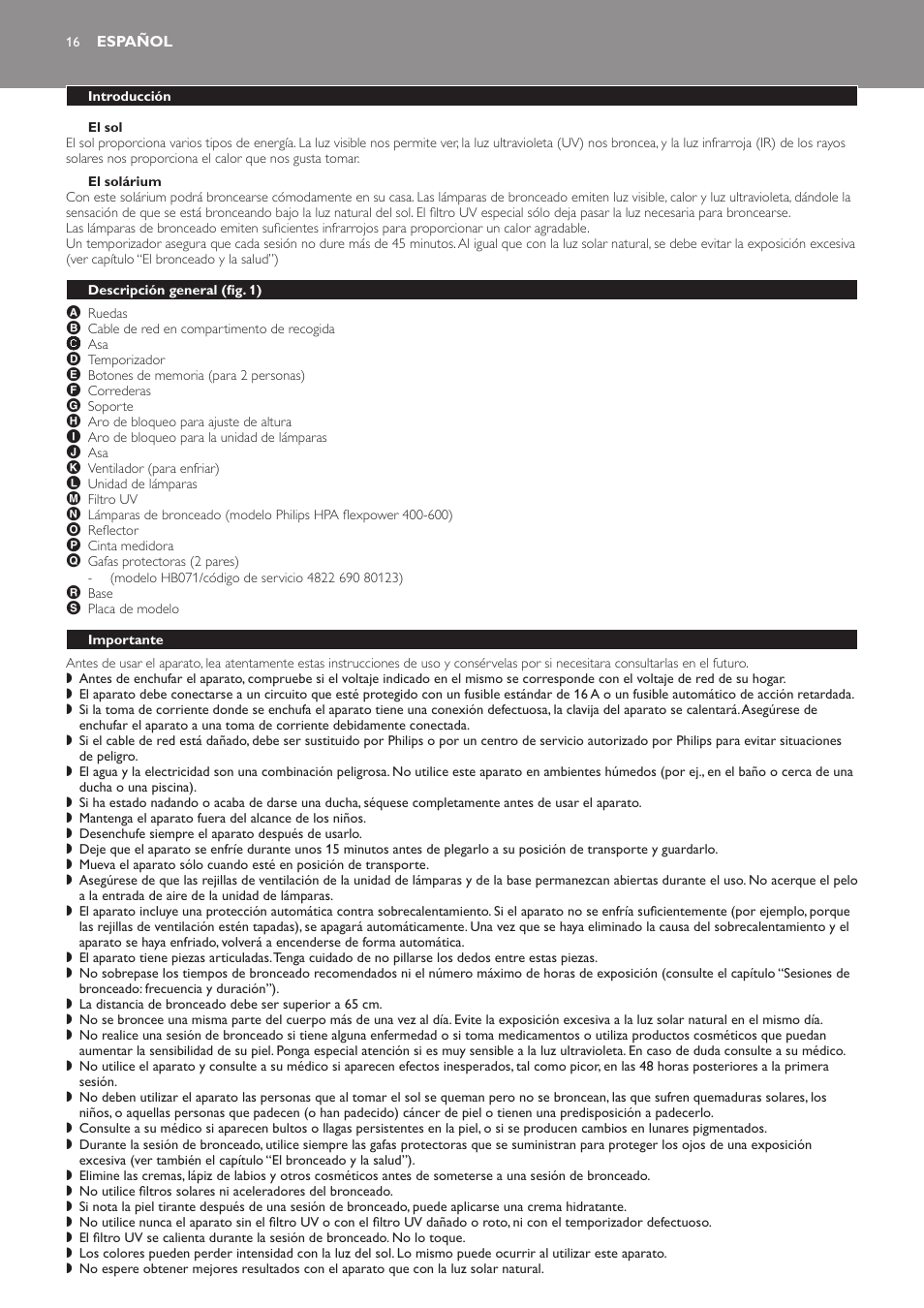 El sol, El solárium, Español | Introducción, Descripción general﻿ (fig. 1), Importante | Philips Suncare HB823 User Manual | Page 16 / 52