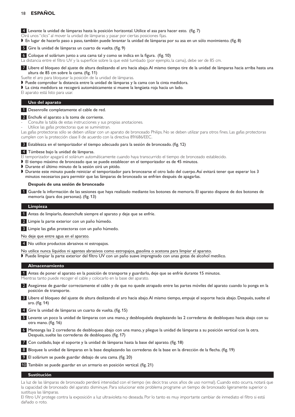 Después de una sesión de bronceado, Uso del aparato, Limpieza | Almacenamiento, Sustitución | Philips Suncare HB823 User Manual | Page 18 / 52