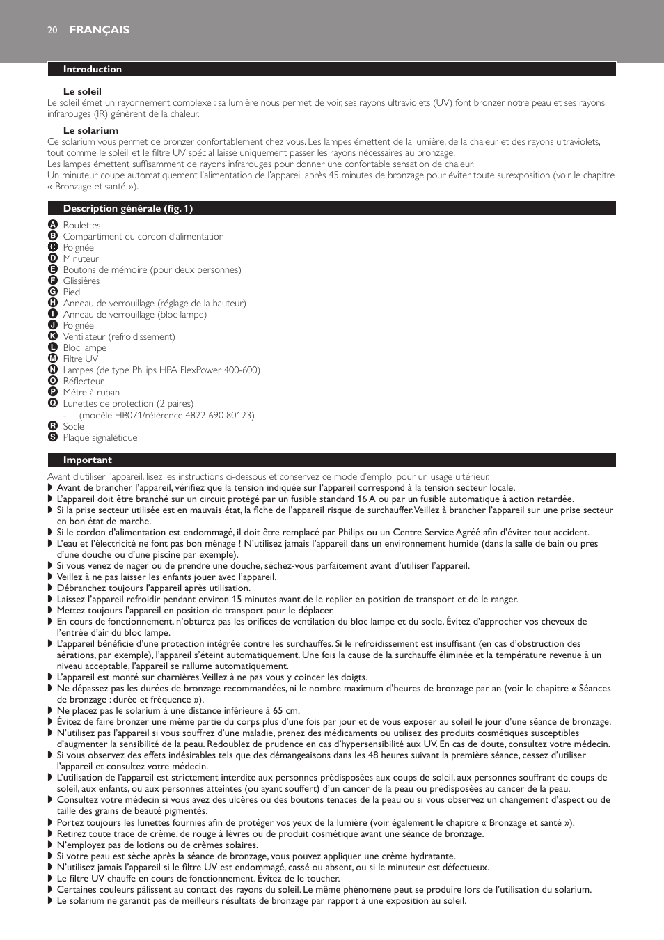 Le soleil, Le solarium, Français | Introduction, Description générale﻿ (fig. 1), Important | Philips Suncare HB823 User Manual | Page 20 / 52