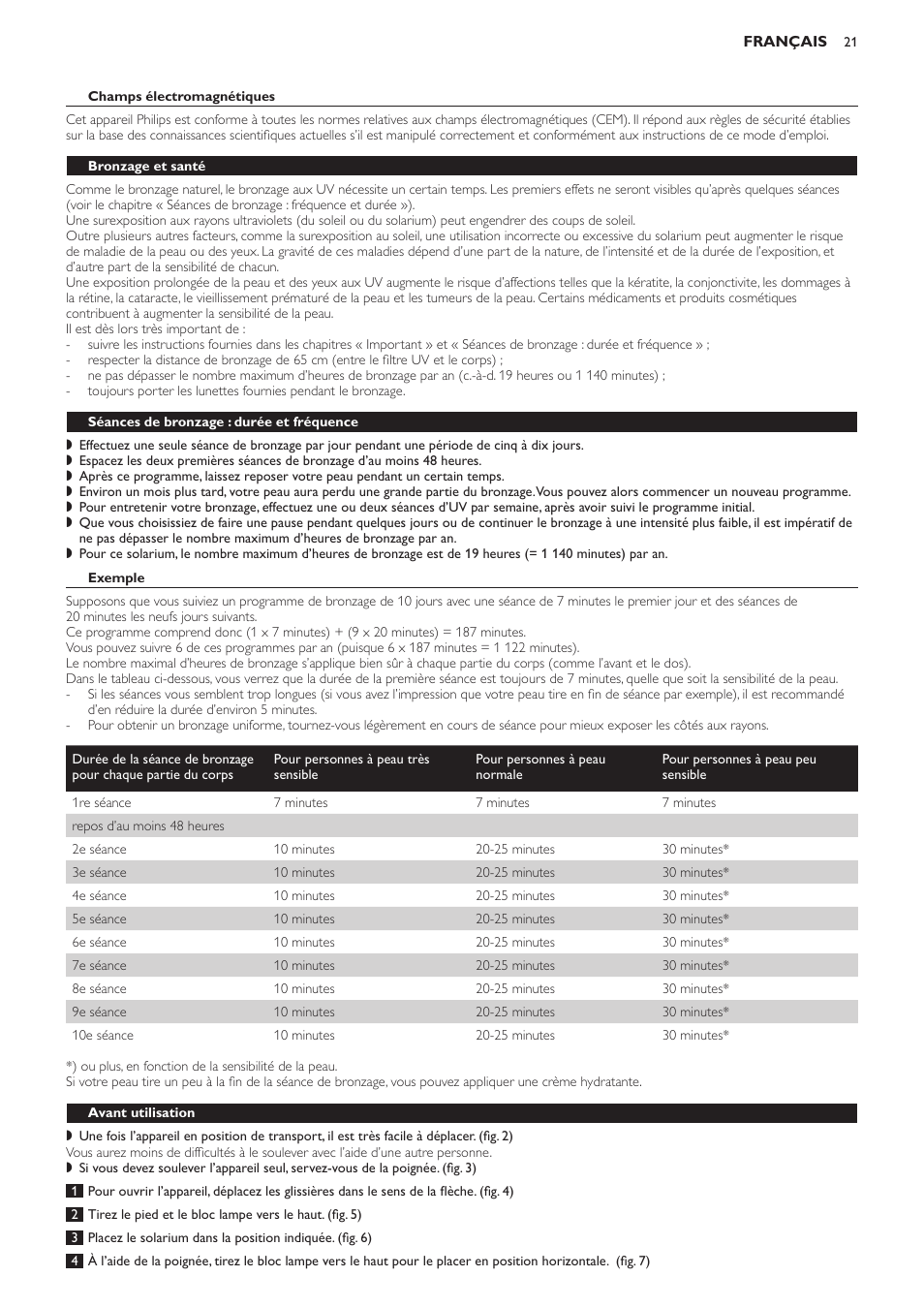 Champs électromagnétiques, Bronzage et santé, Séances de bronzage : durée et fréquence | Exemple, Avant utilisation | Philips Suncare HB823 User Manual | Page 21 / 52