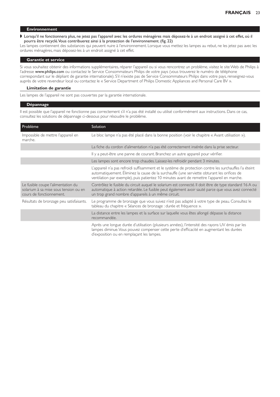 Environnement, Garantie et service, Limitation de garantie | Dépannage | Philips Suncare HB823 User Manual | Page 23 / 52