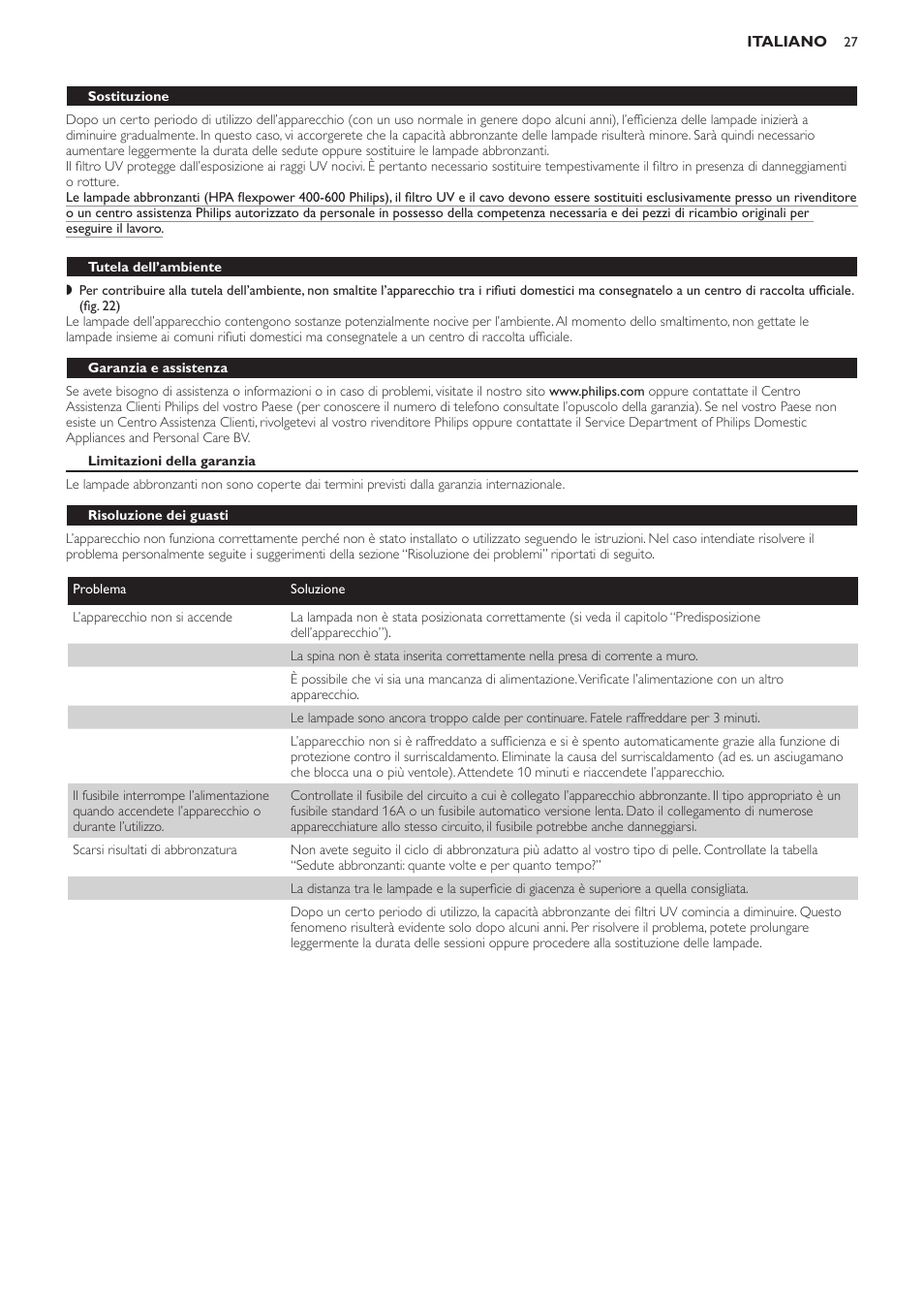 Sostituzione, Tutela dell’ambiente, Garanzia e assistenza | Limitazioni della garanzia, Risoluzione dei guasti | Philips Suncare HB823 User Manual | Page 27 / 52