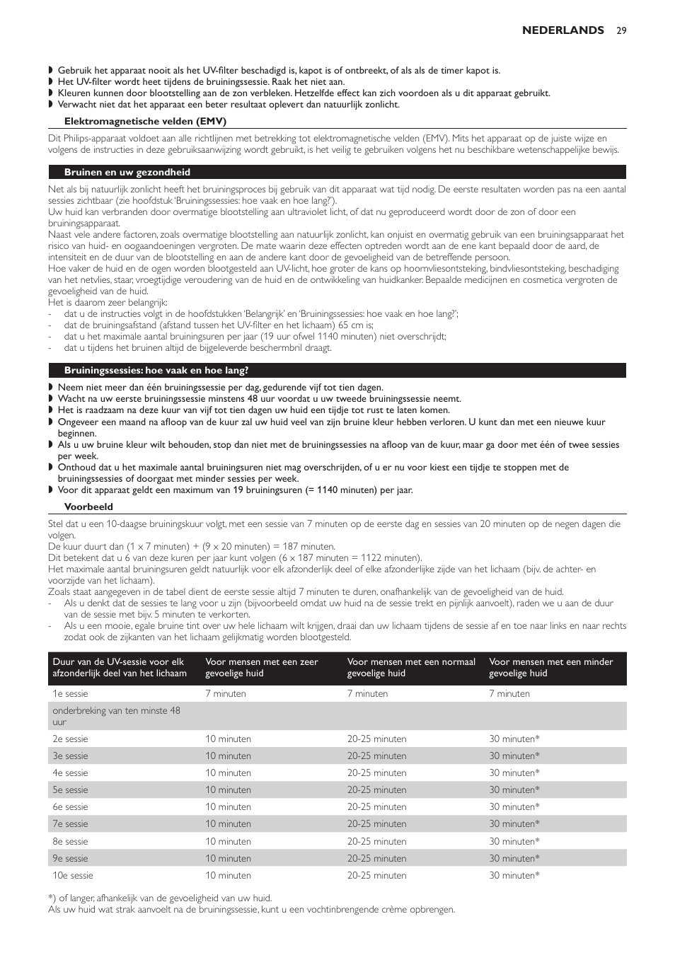 Elektromagnetische velden (emv), Bruinen en uw gezondheid, Bruiningssessies: hoe vaak en hoe lang | Voorbeeld | Philips Suncare HB823 User Manual | Page 29 / 52