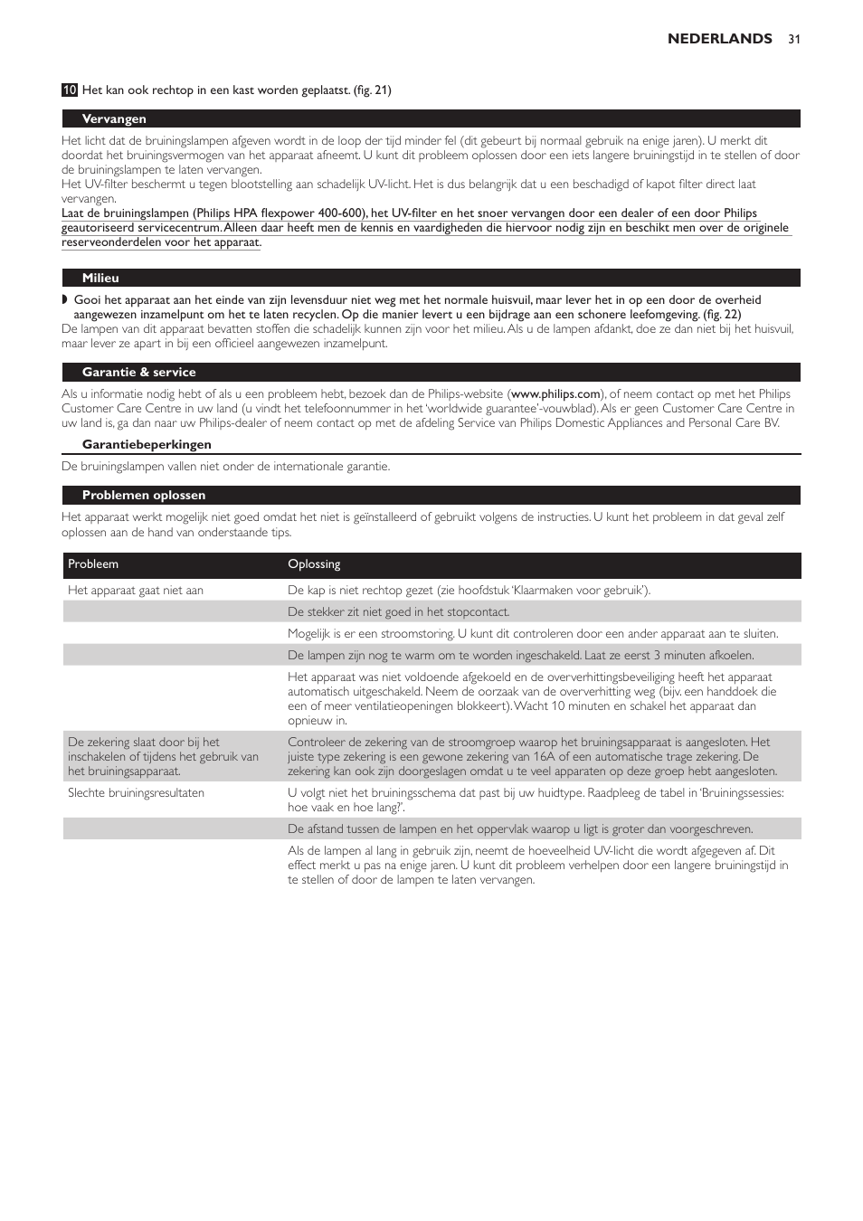 Vervangen, Milieu, Garantie & service | Garantiebeperkingen, Problemen oplossen | Philips Suncare HB823 User Manual | Page 31 / 52